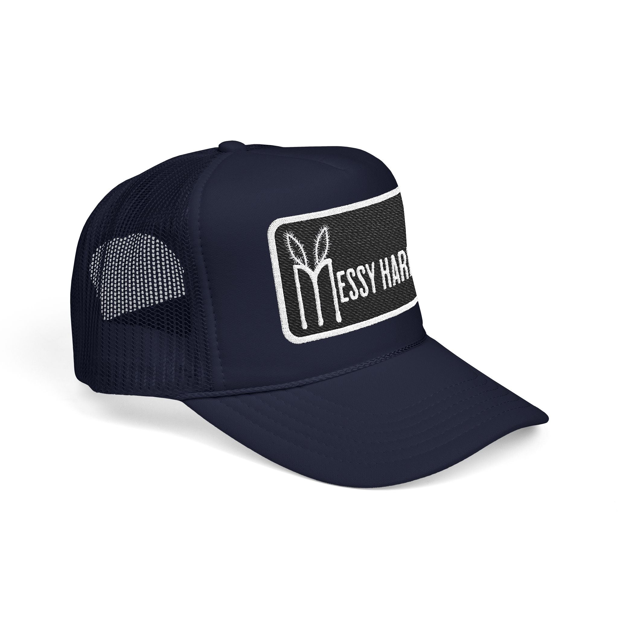 Navy blue trucker cap with 'Messy Hair' logo on a white background
