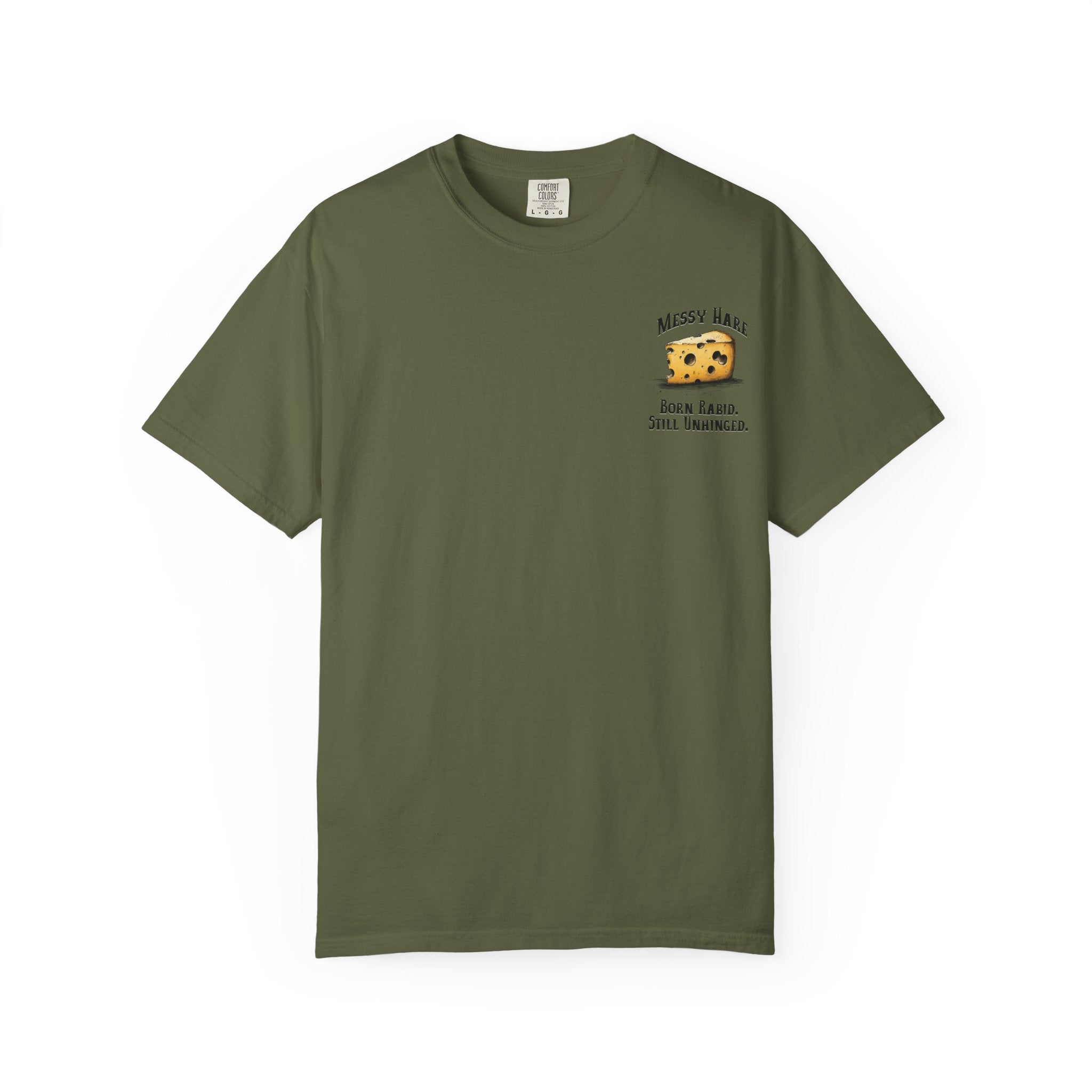 Green t-shirt with a cheese graphic and text on a white background