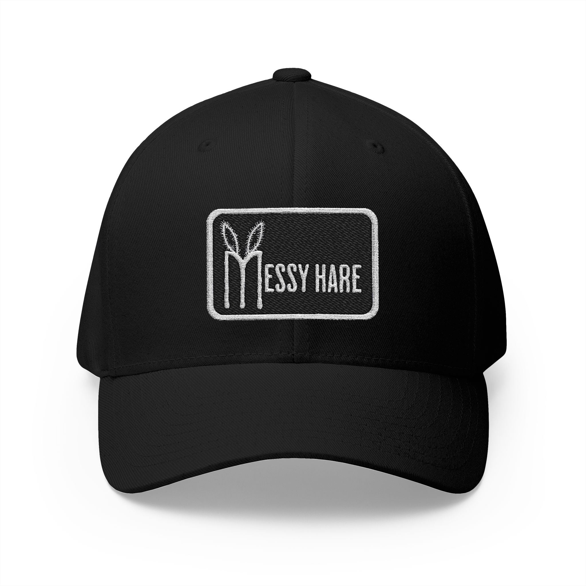 Black cap with 'Messy Hare' logo on a white background