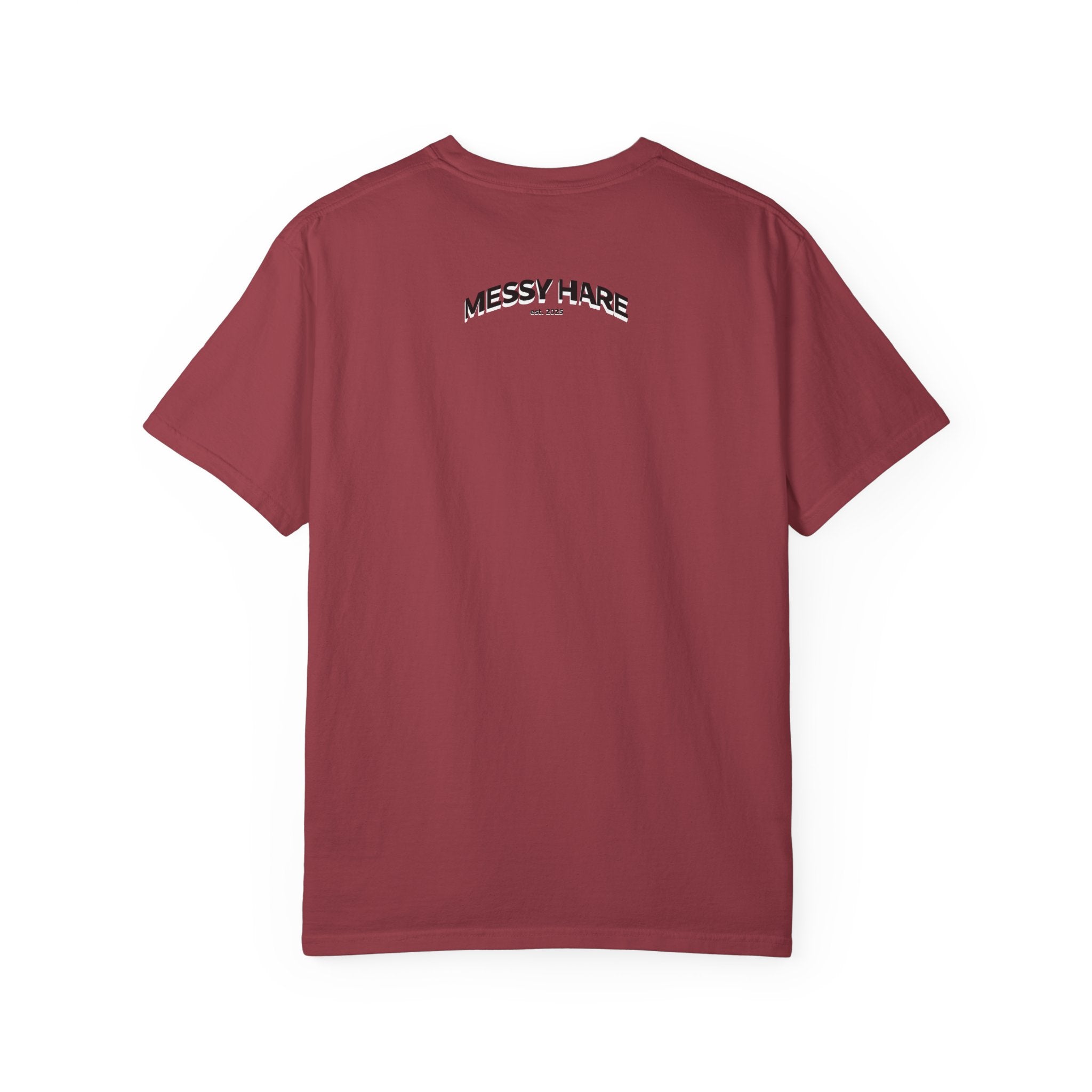 Maroon t-shirt with 'MESSY HARE' logo on the back against a white background