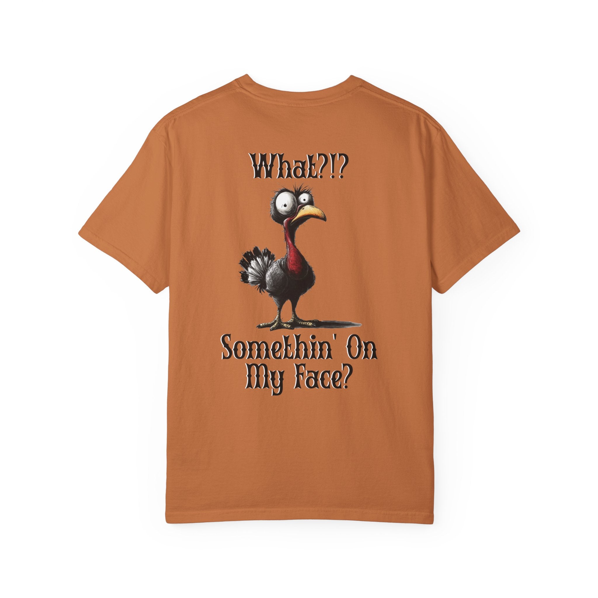 Brown t-shirt with a cartoon turkey and text on the back against a white background