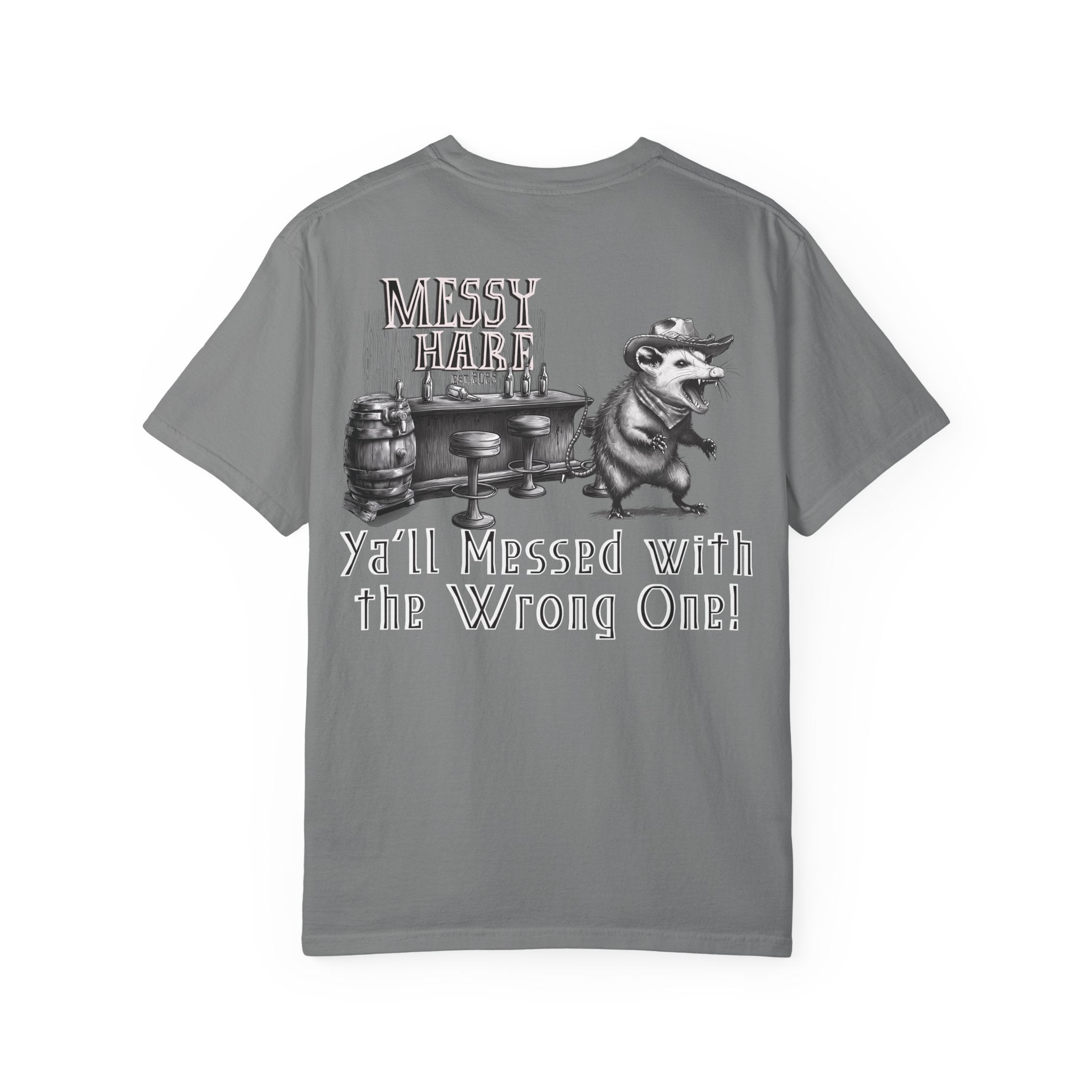 Gray t-shirt with graphic design and text on a white background