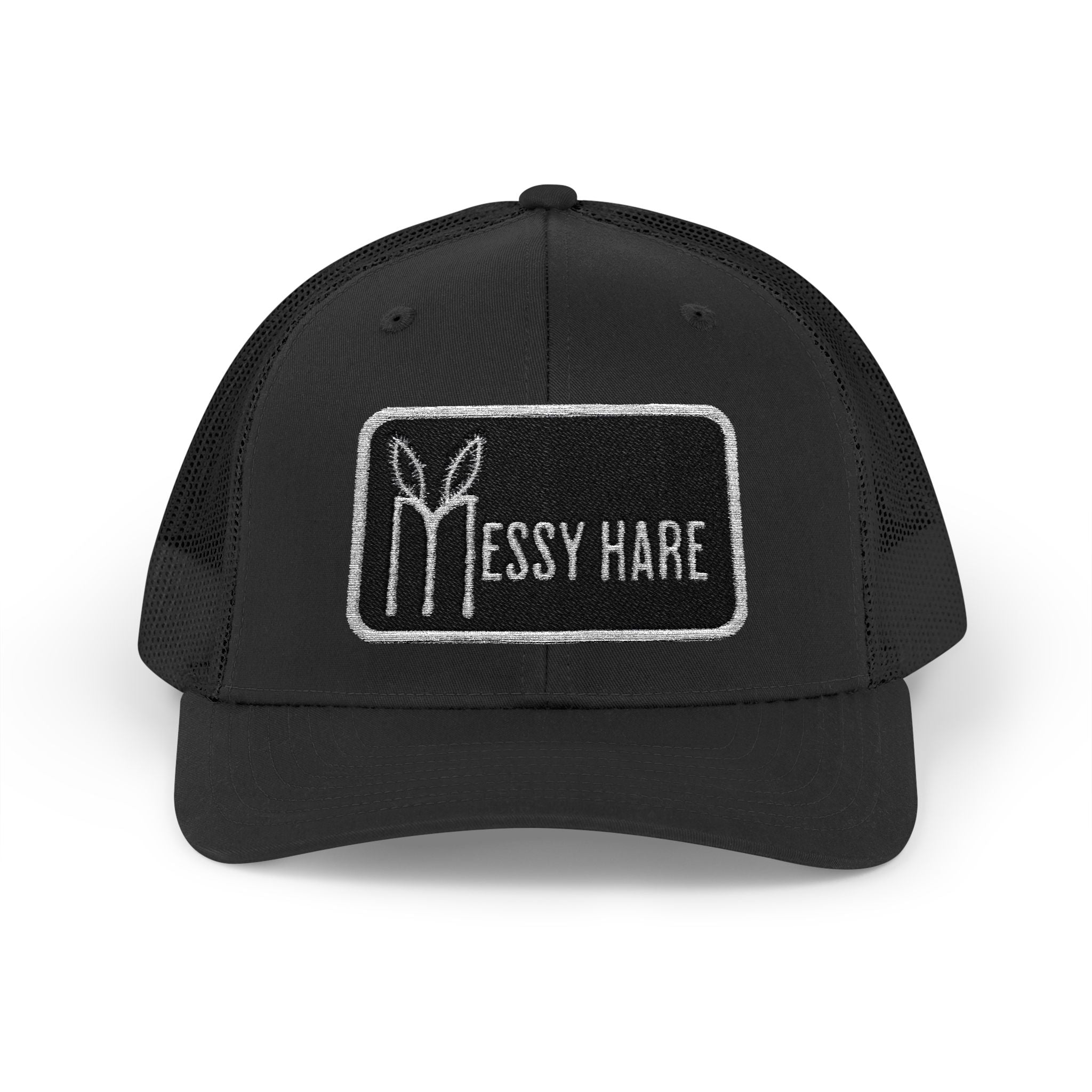 Black cap with 'Messy Hare' logo on a white background