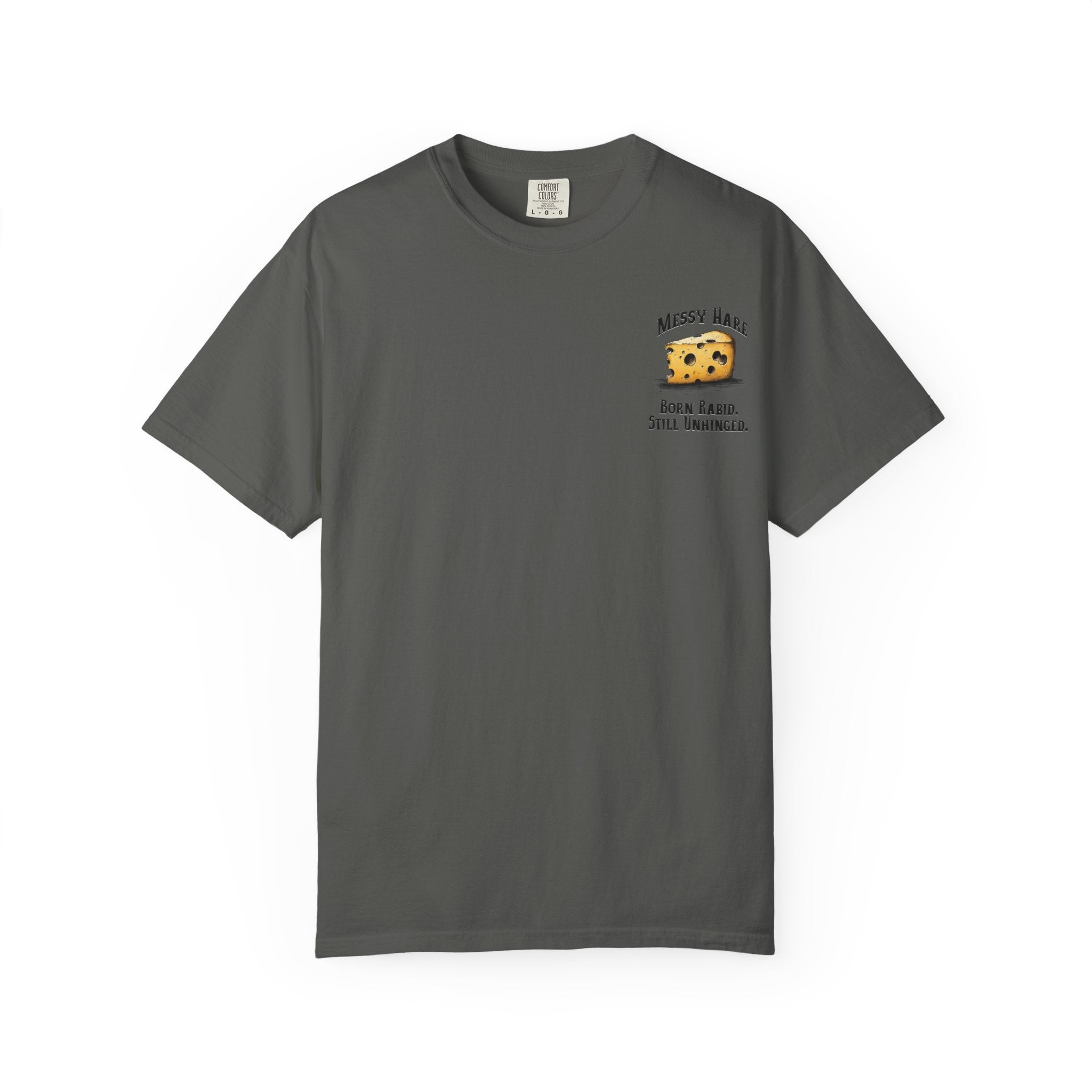 Gray t-shirt with a cheese graphic and text on a white background