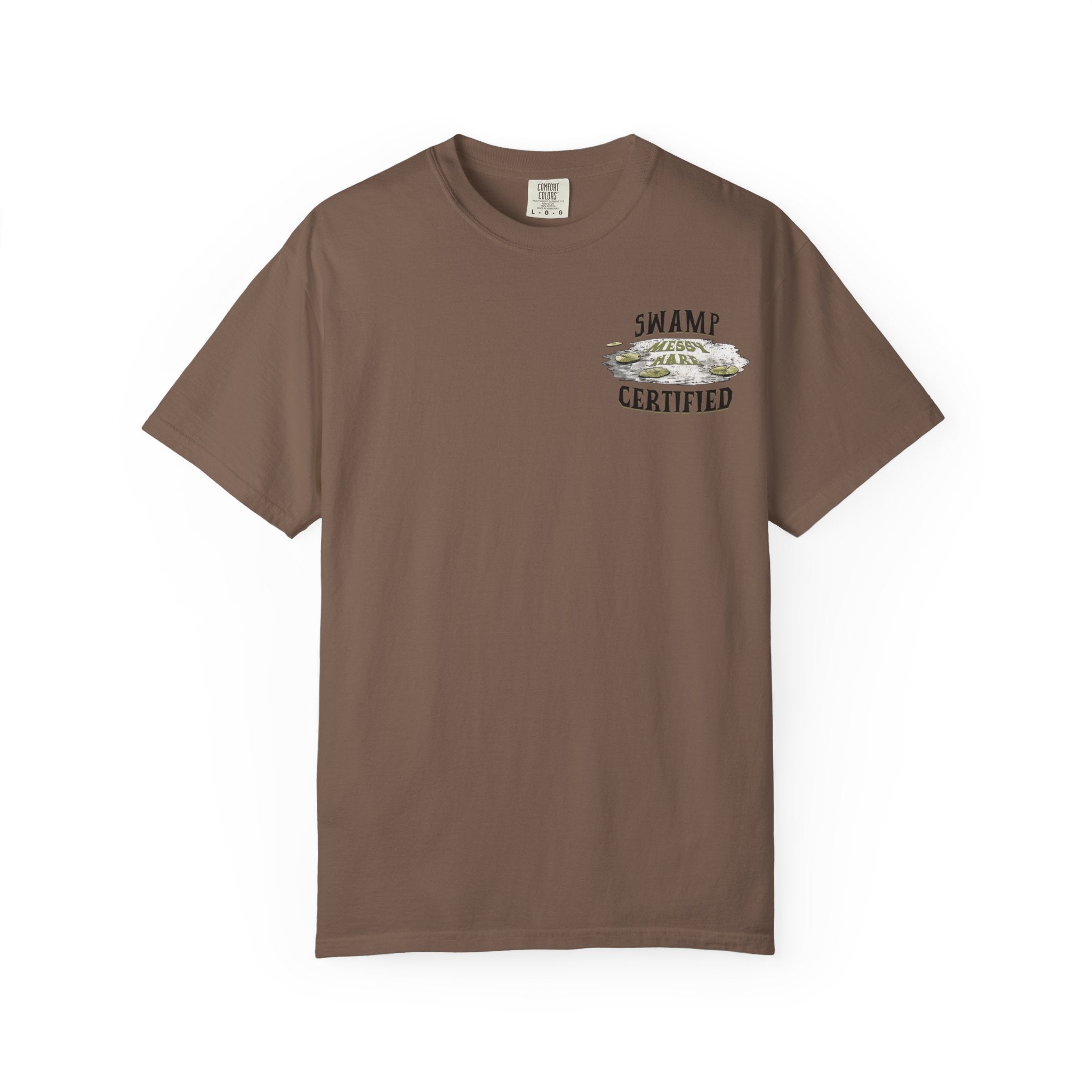 Brown t-shirt with graphic design on a white background