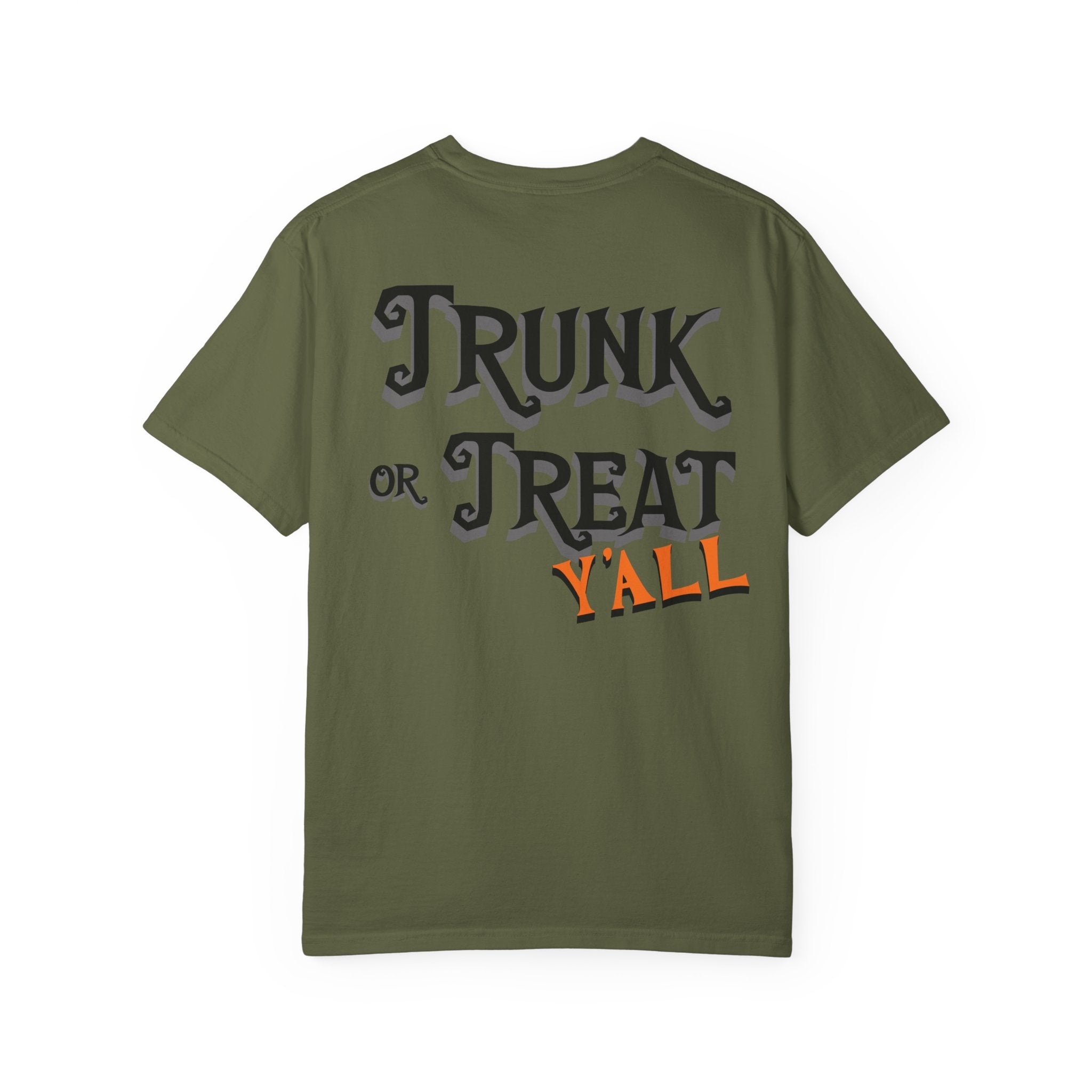 Green t-shirt with 'Trunk or Treat Y'all' text on a white background
