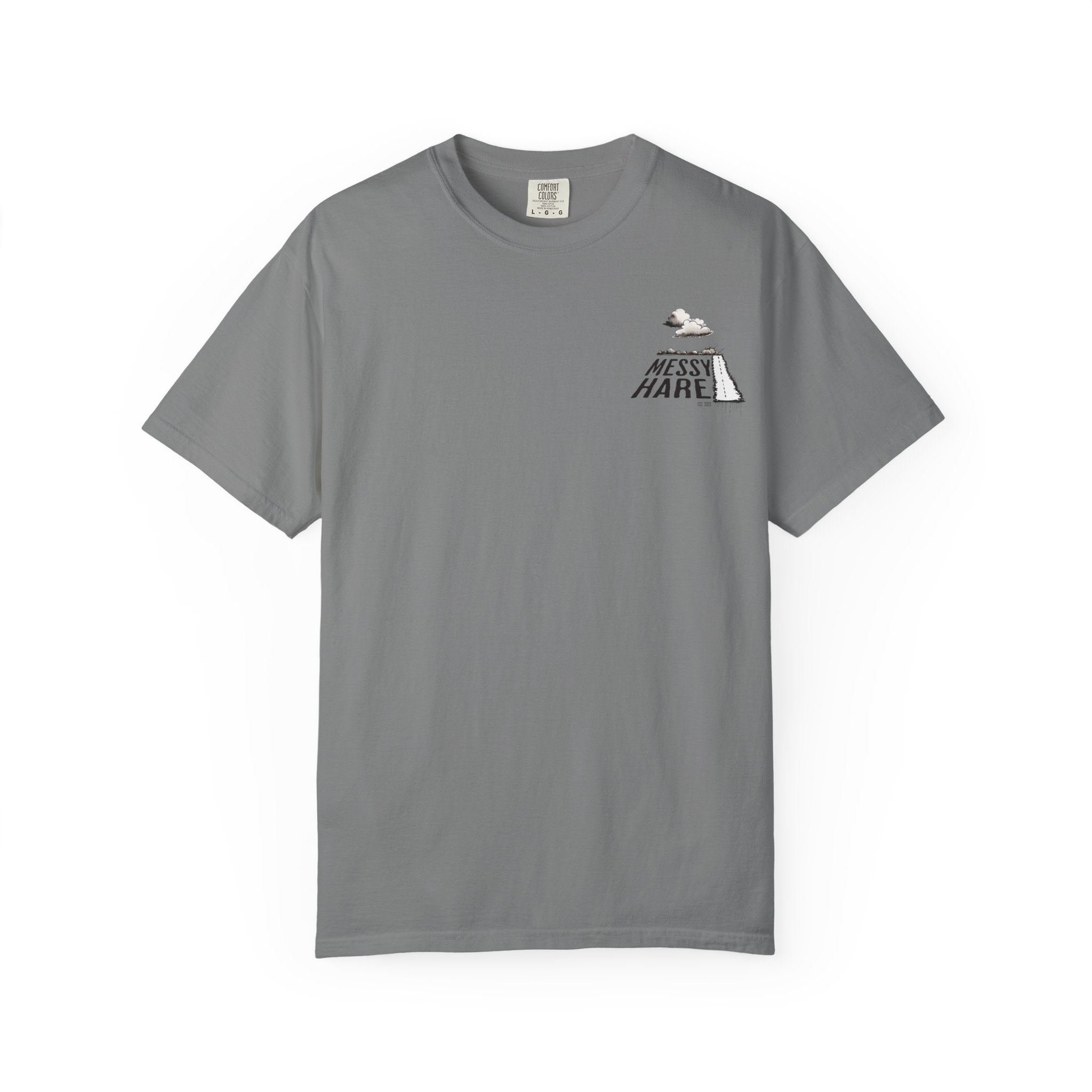 Gray t-shirt with a logo and text on a white background