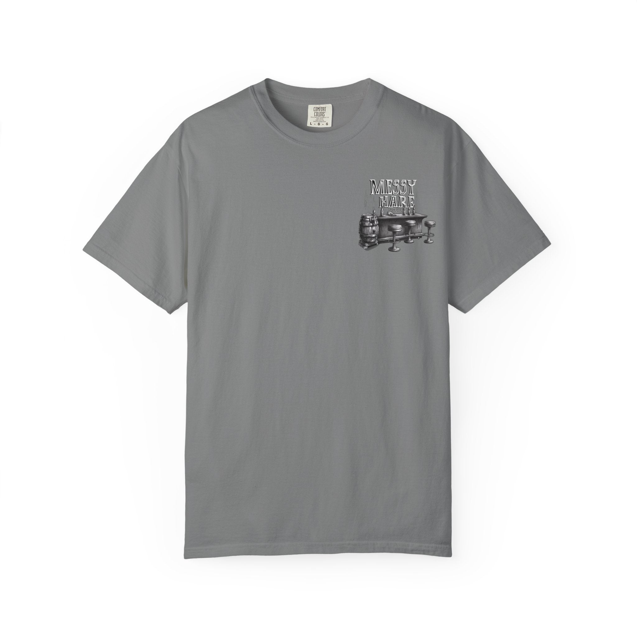 Gray t-shirt with graphic design on a white background