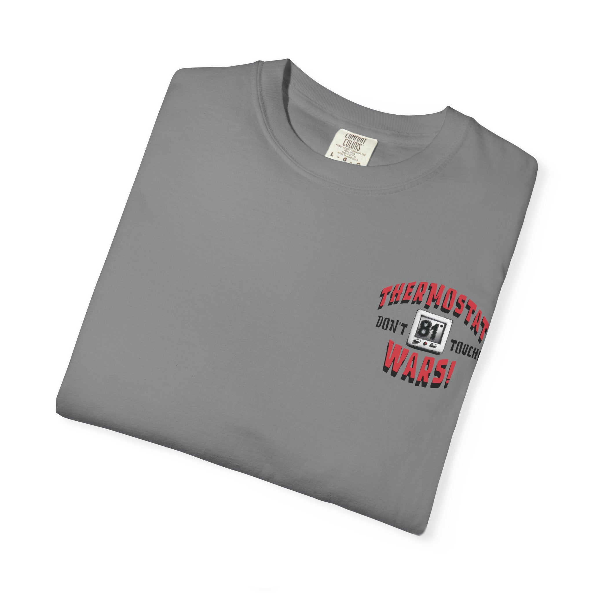 Folded gray t-shirt with red and black text on a white background