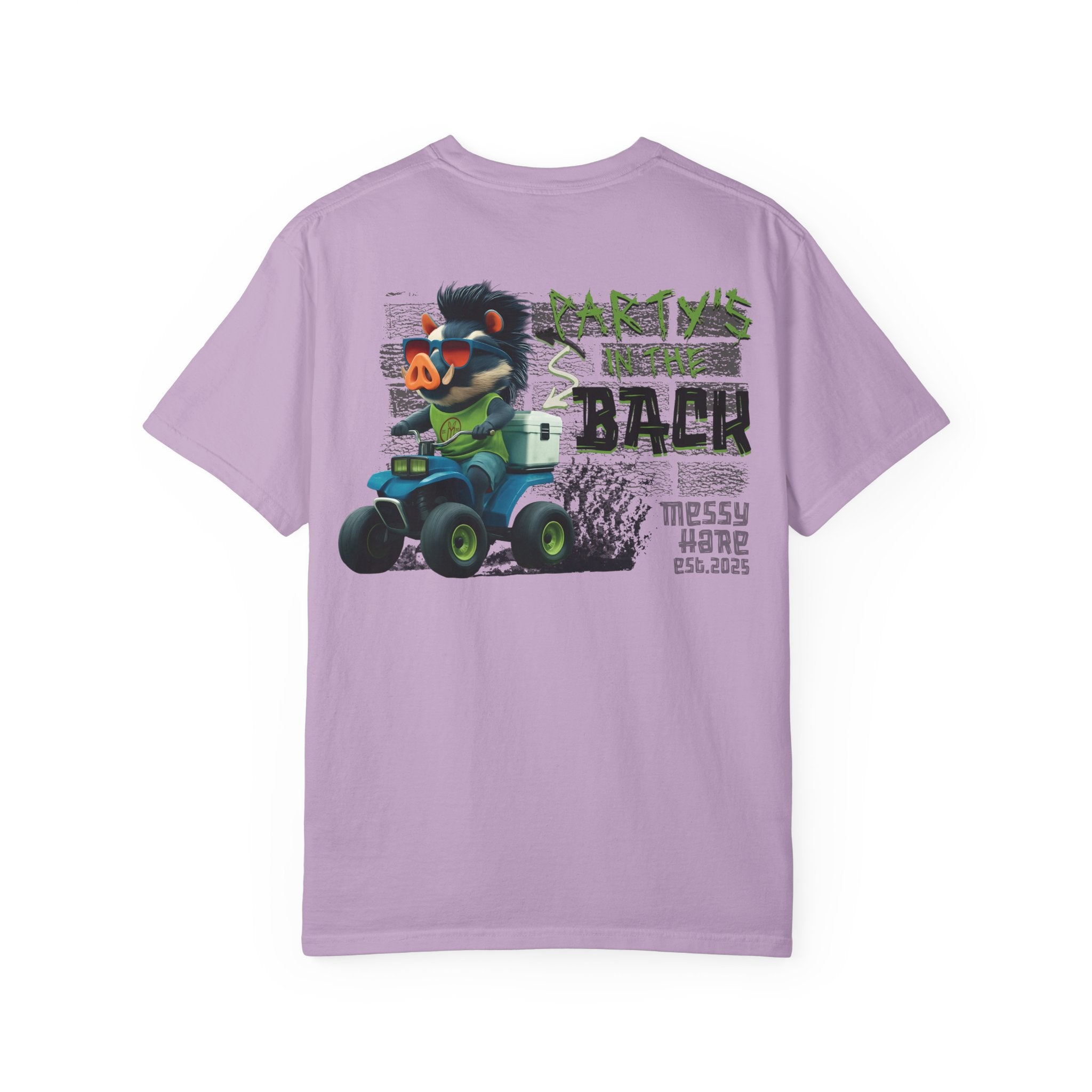 Lavender t-shirt with cartoon bear and text design on a white background