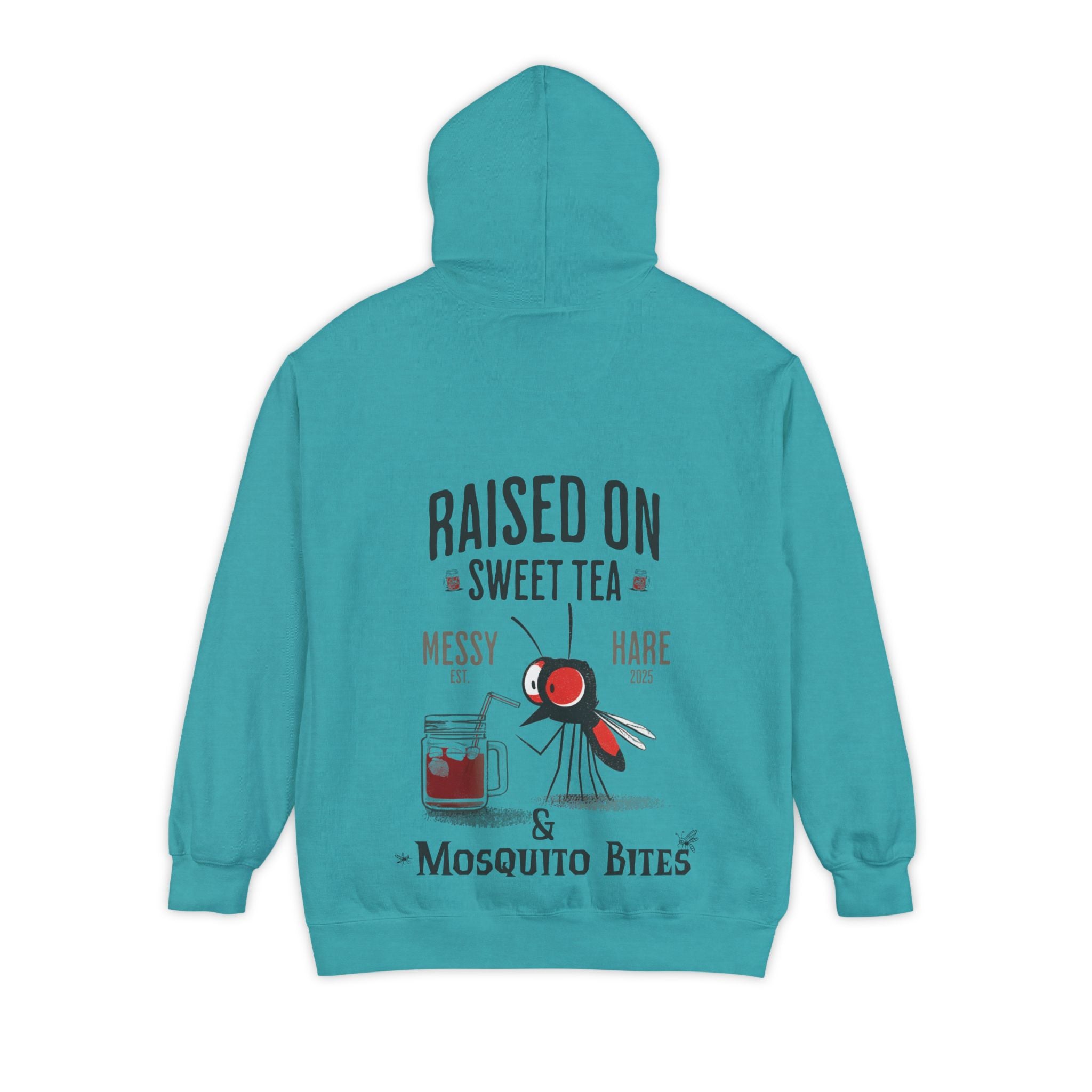 Teal hoodie with graphic design on the back featuring text and a cartoon character.