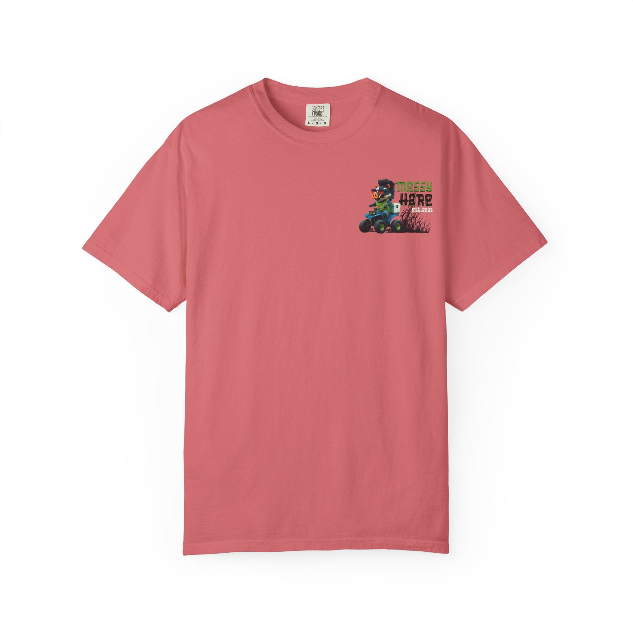 Pink t-shirt with a graphic design on a white background