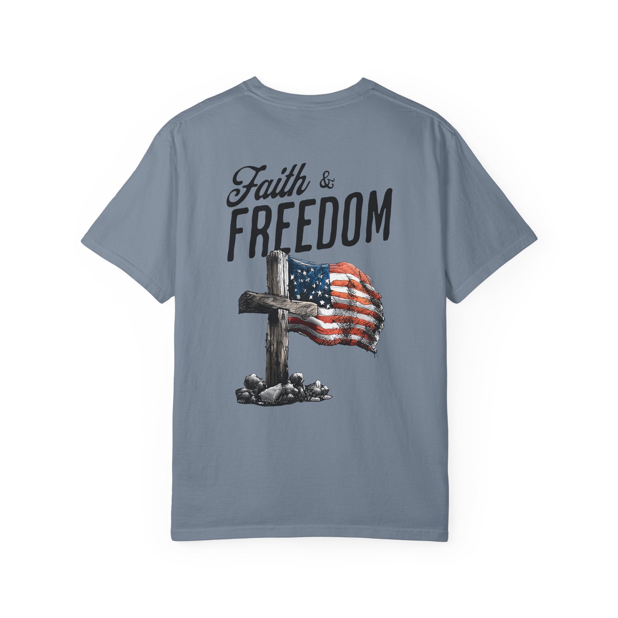 Blue jean t-shirt with 'Faith & Freedom' text and cross with American flag design on a white background