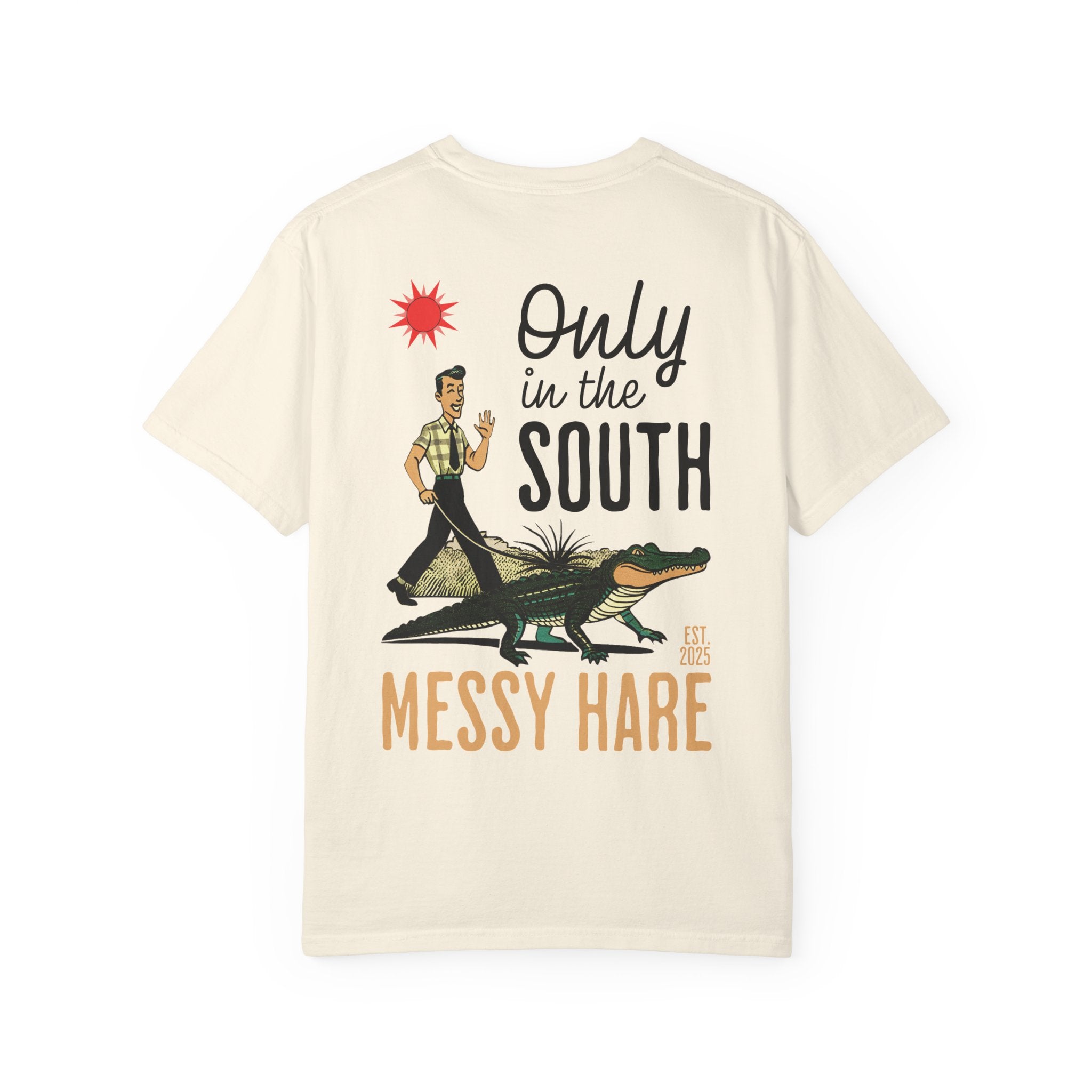 Beige t-shirt with graphic design and text 'Only in the South Messy Hare' on a white background
