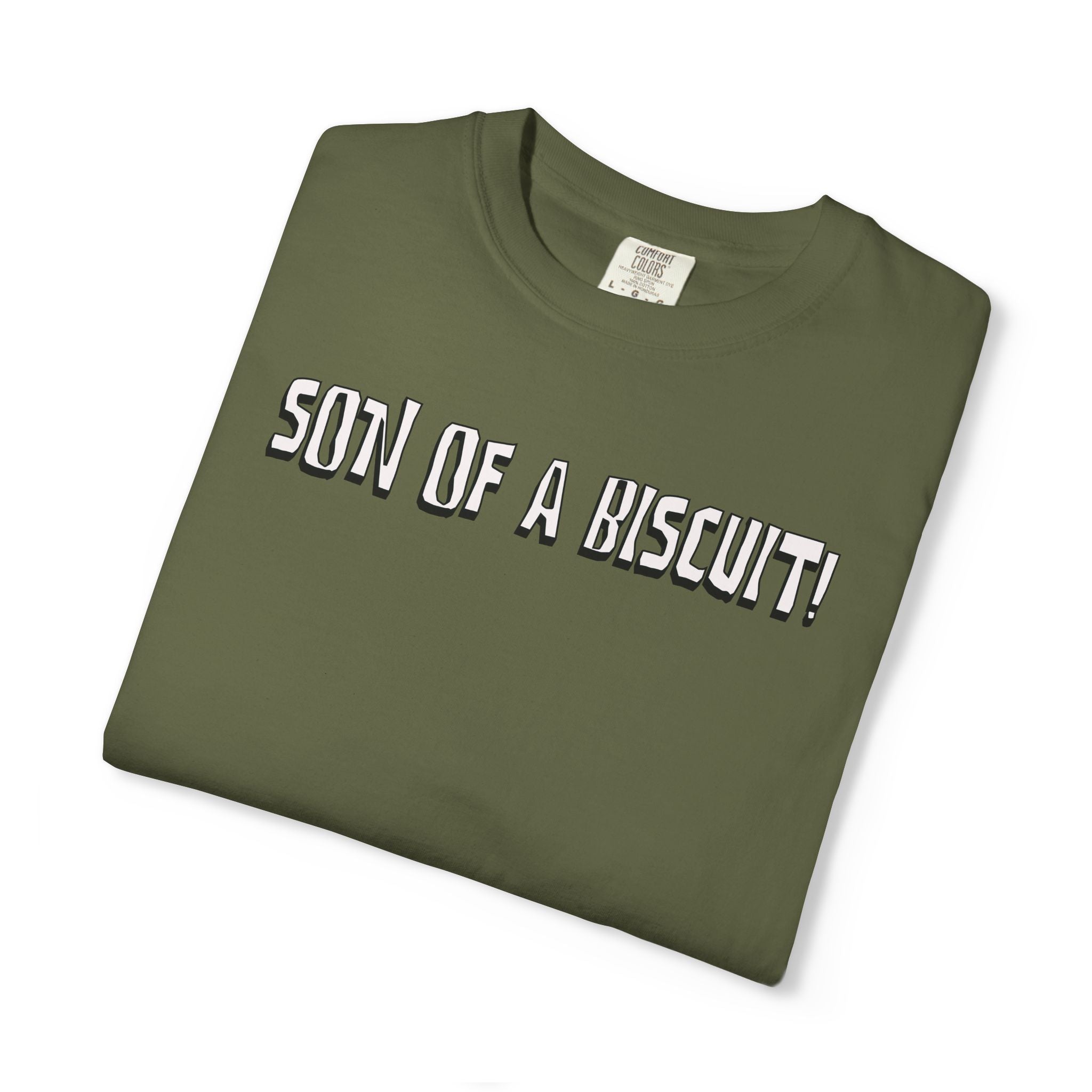 Folded green t-shirt with 'SON OF A BISCUIT!' text on a white background