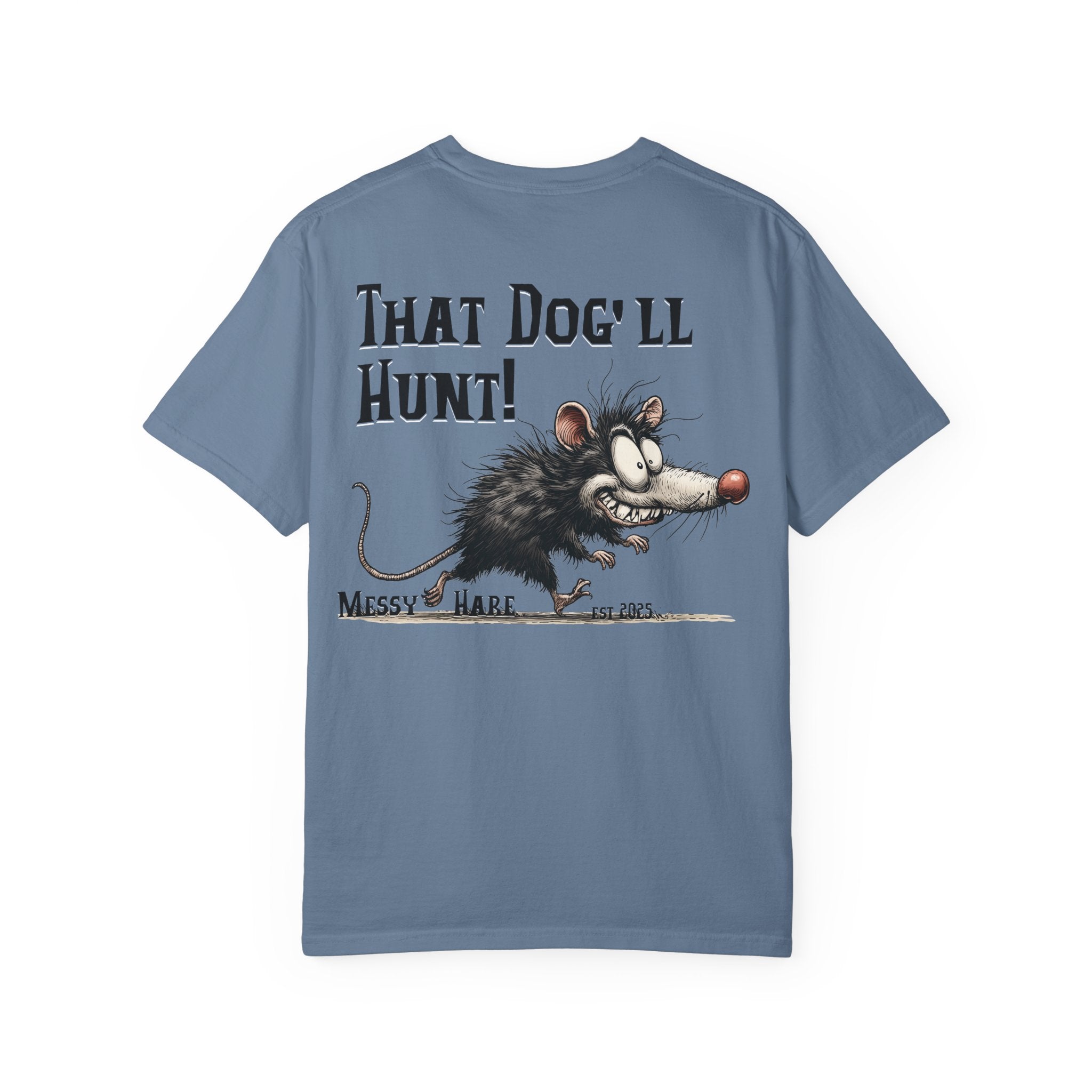Blue t-shirt with a cartoon opossum and text on a white background