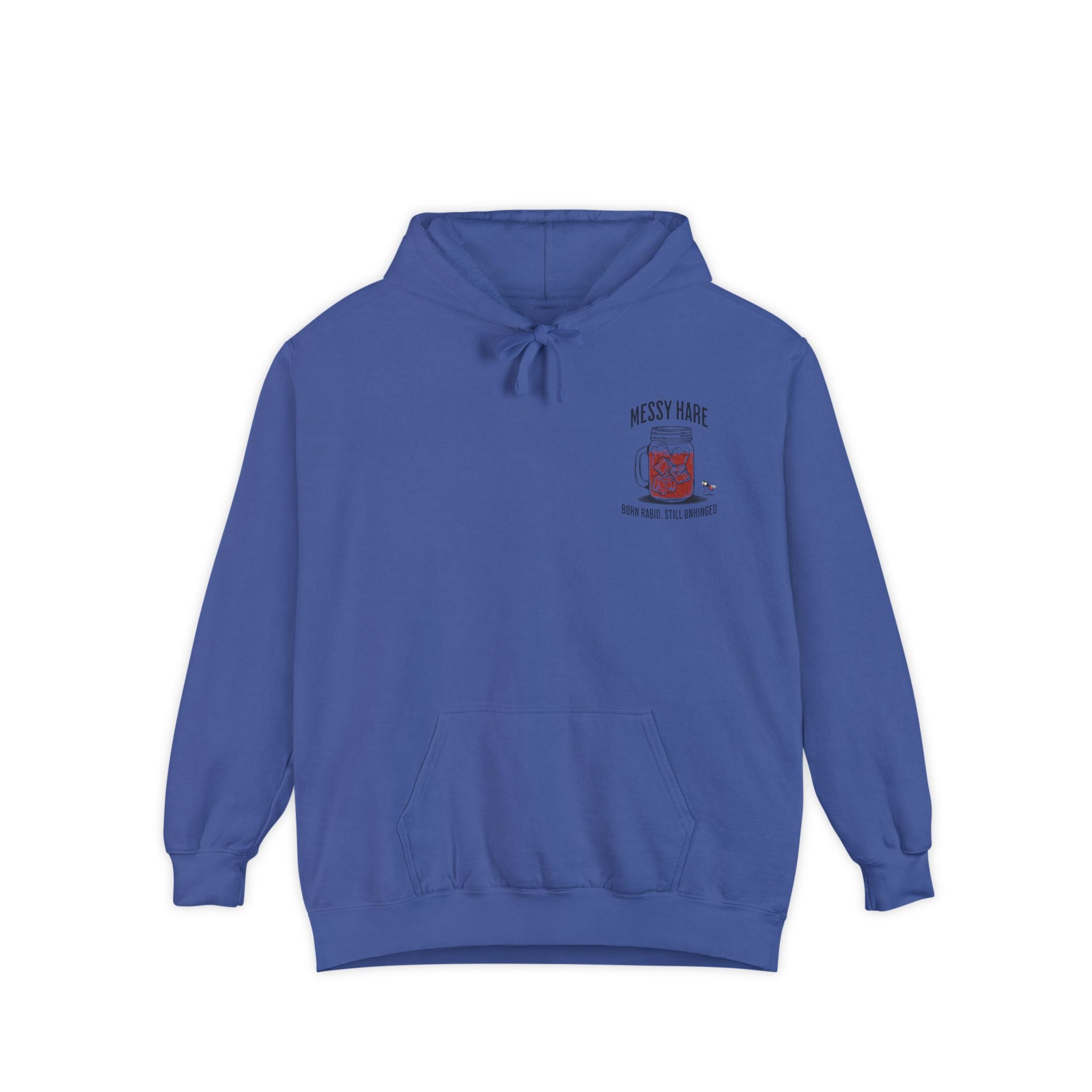 Blue hoodie with a logo on the chest against a white background
