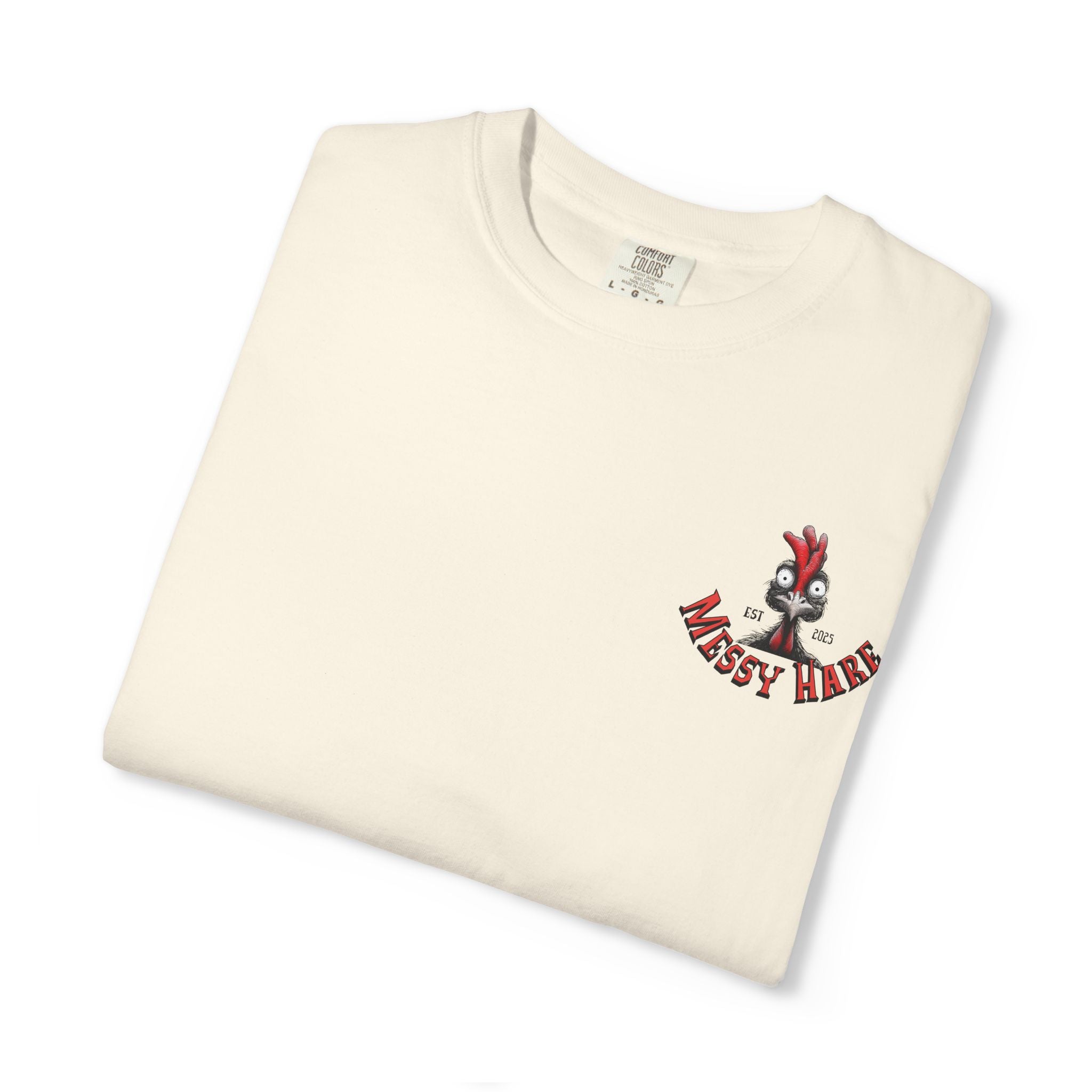 Folded cream-colored t-shirt with a logo on a white background