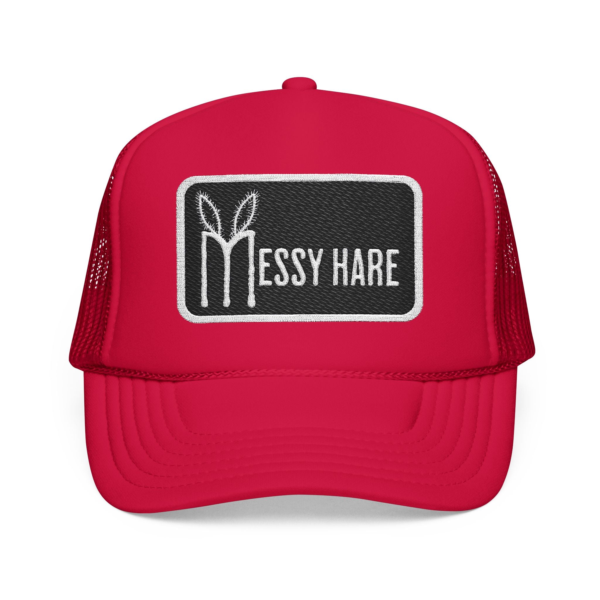 Red trucker hat with 'Messy Hare' logo on a white background