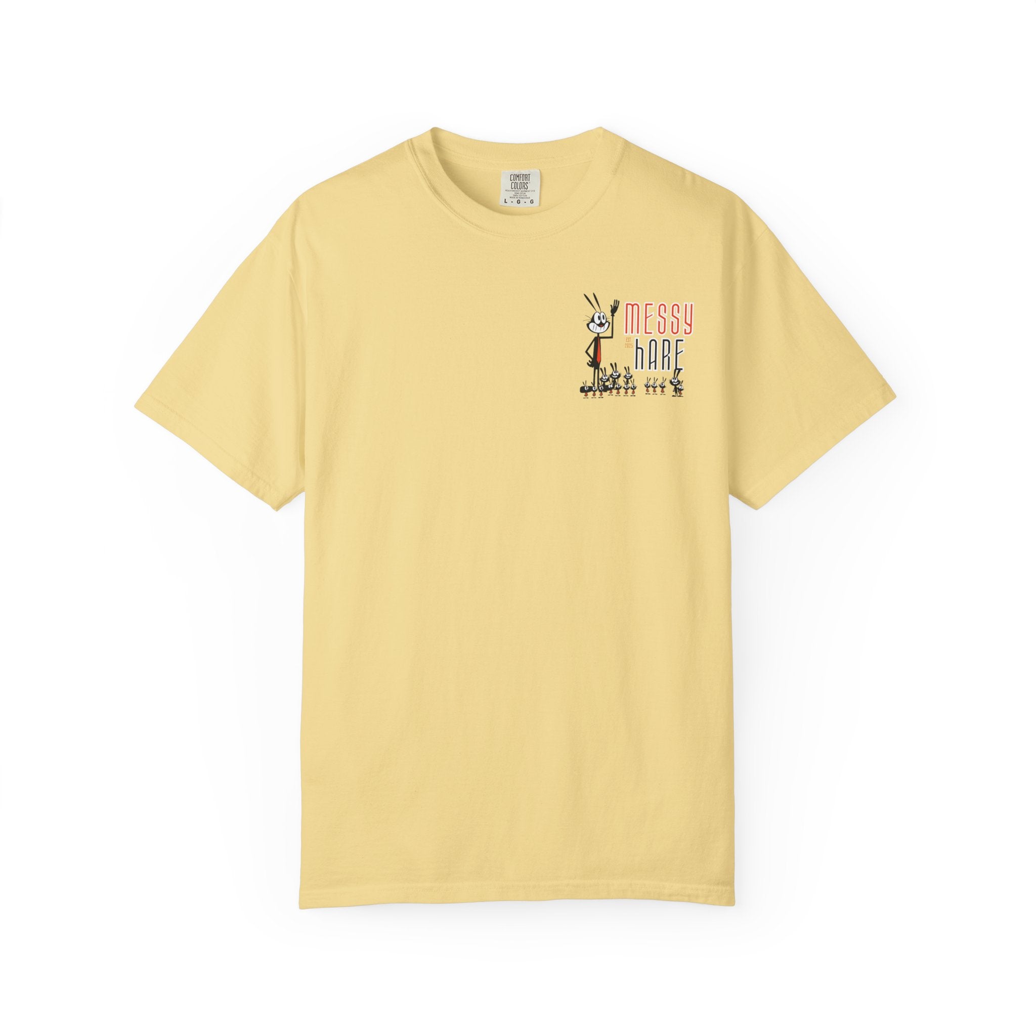 Yellow t-shirt with a graphic design on a white background