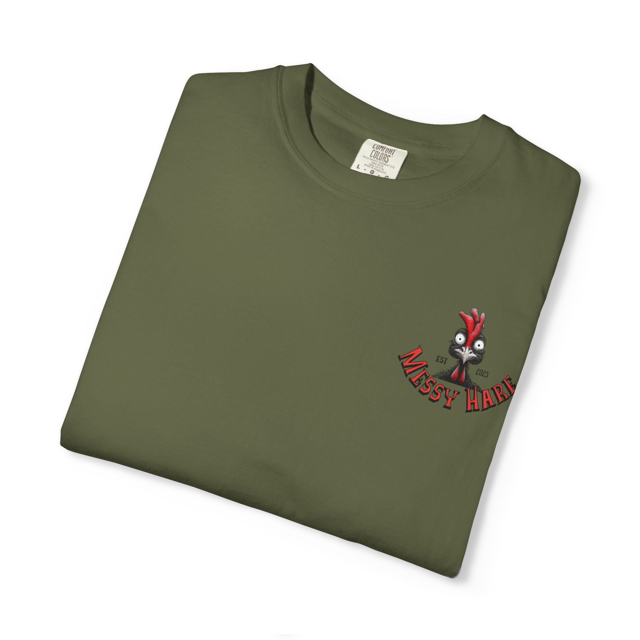 Folded green t-shirt with a logo on a white background