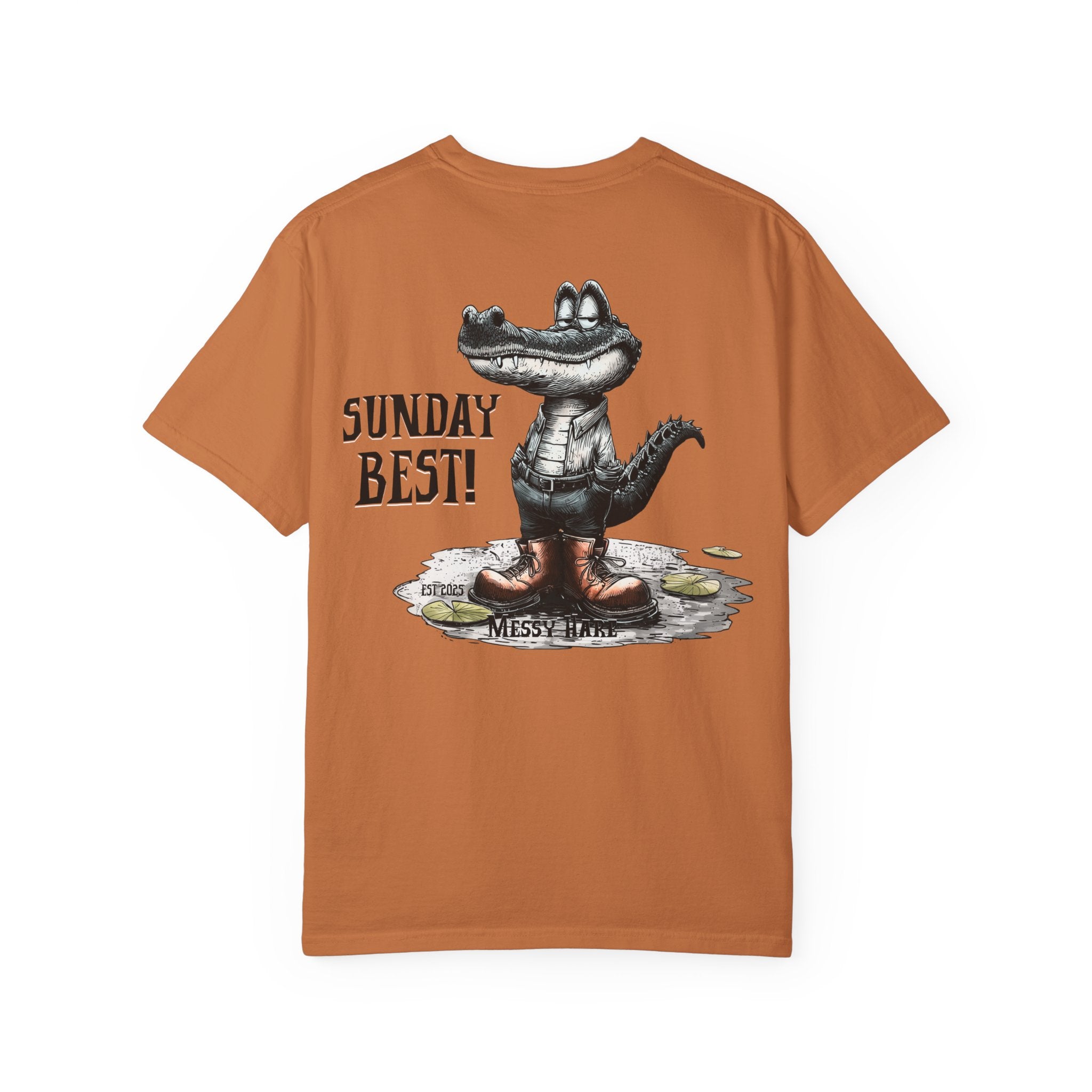 Orange t-shirt with an alligator graphic and text on a white background