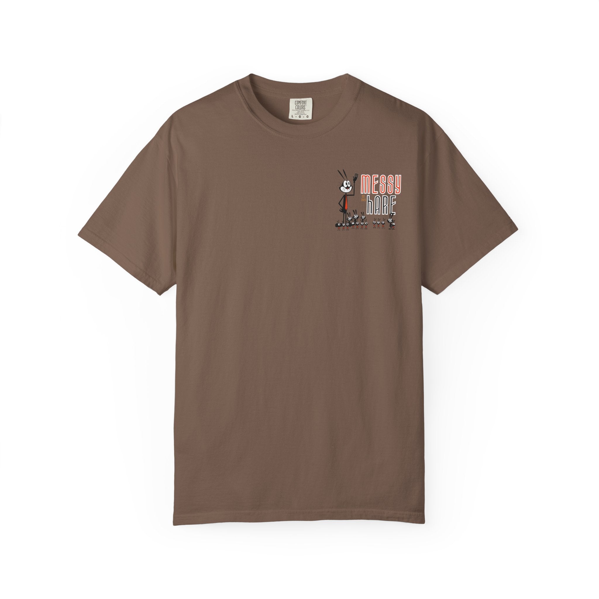 Brown t-shirt with a graphic design on a white background