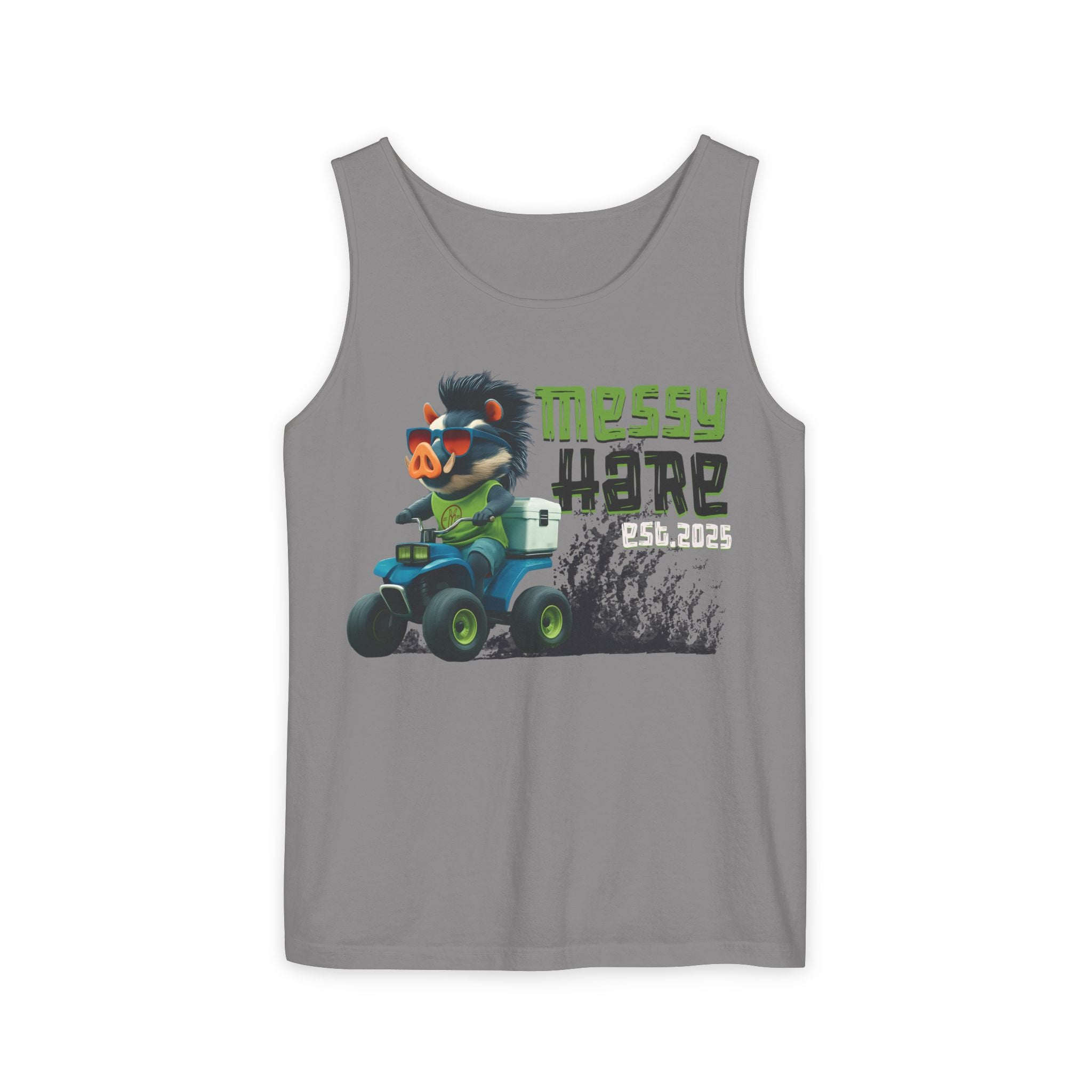 Gray tank top with a graphic of a bear on an ATV and text 'Messy Hare est. 2023' on a white background.