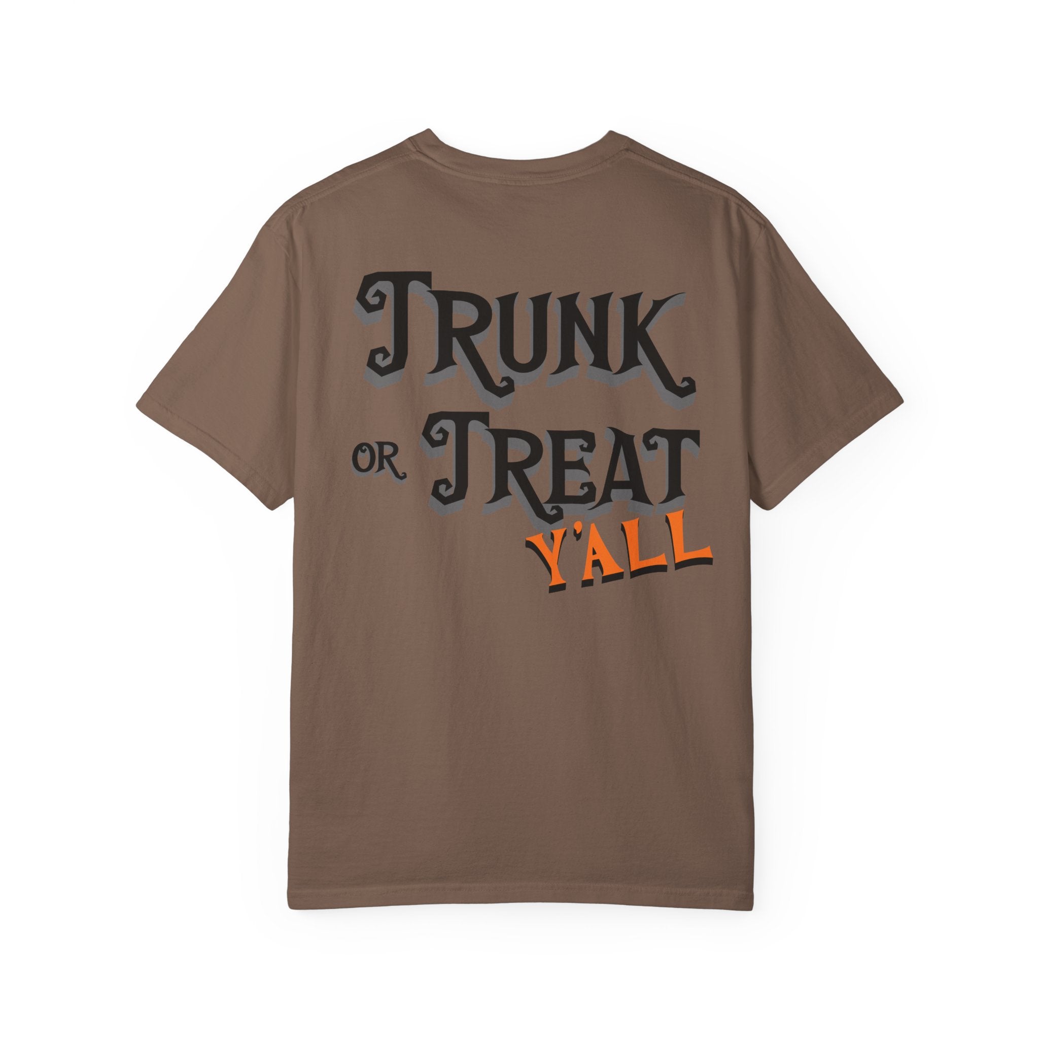 Brown t-shirt with 'Trunk or Treat Y'all' text on a white background