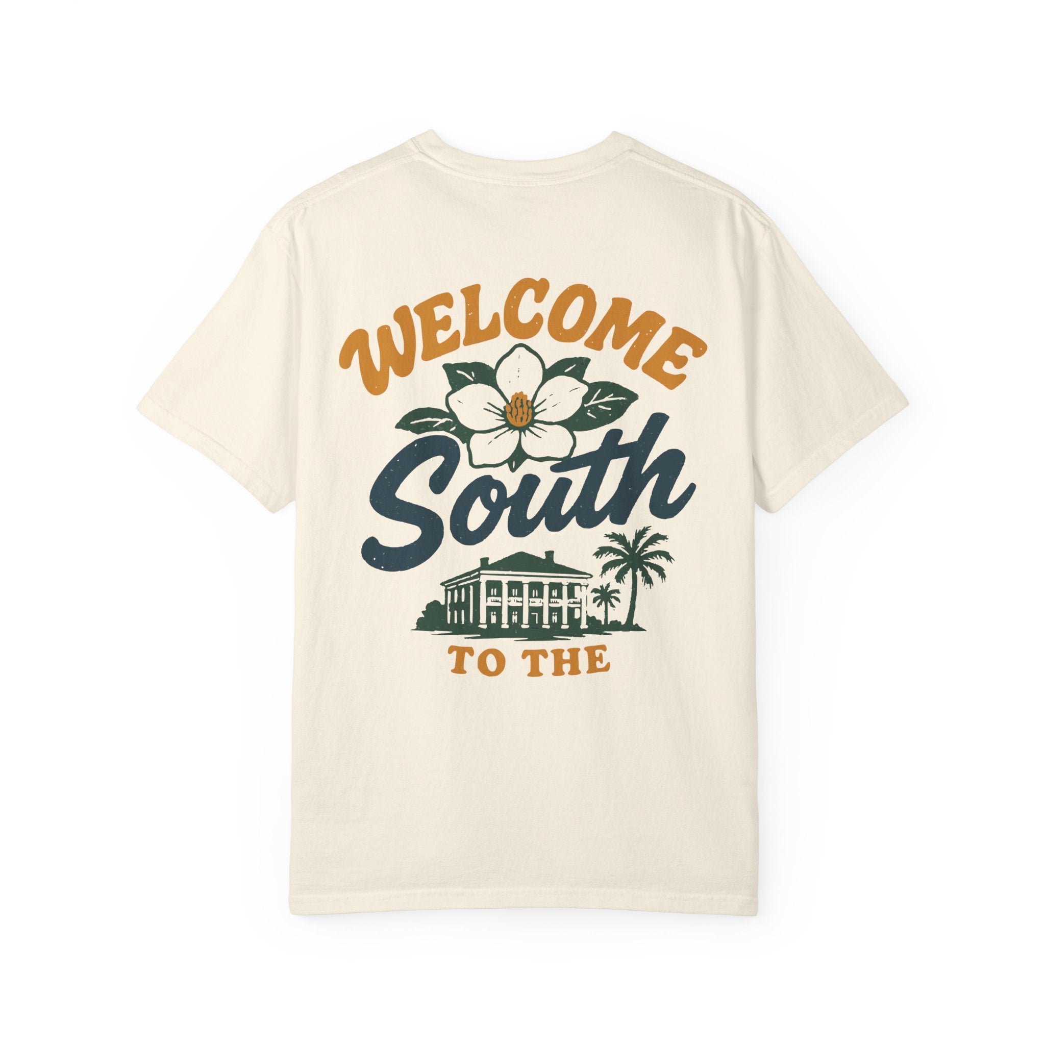 Beige t-shirt with 'Welcome South to the' graphic design on a white background