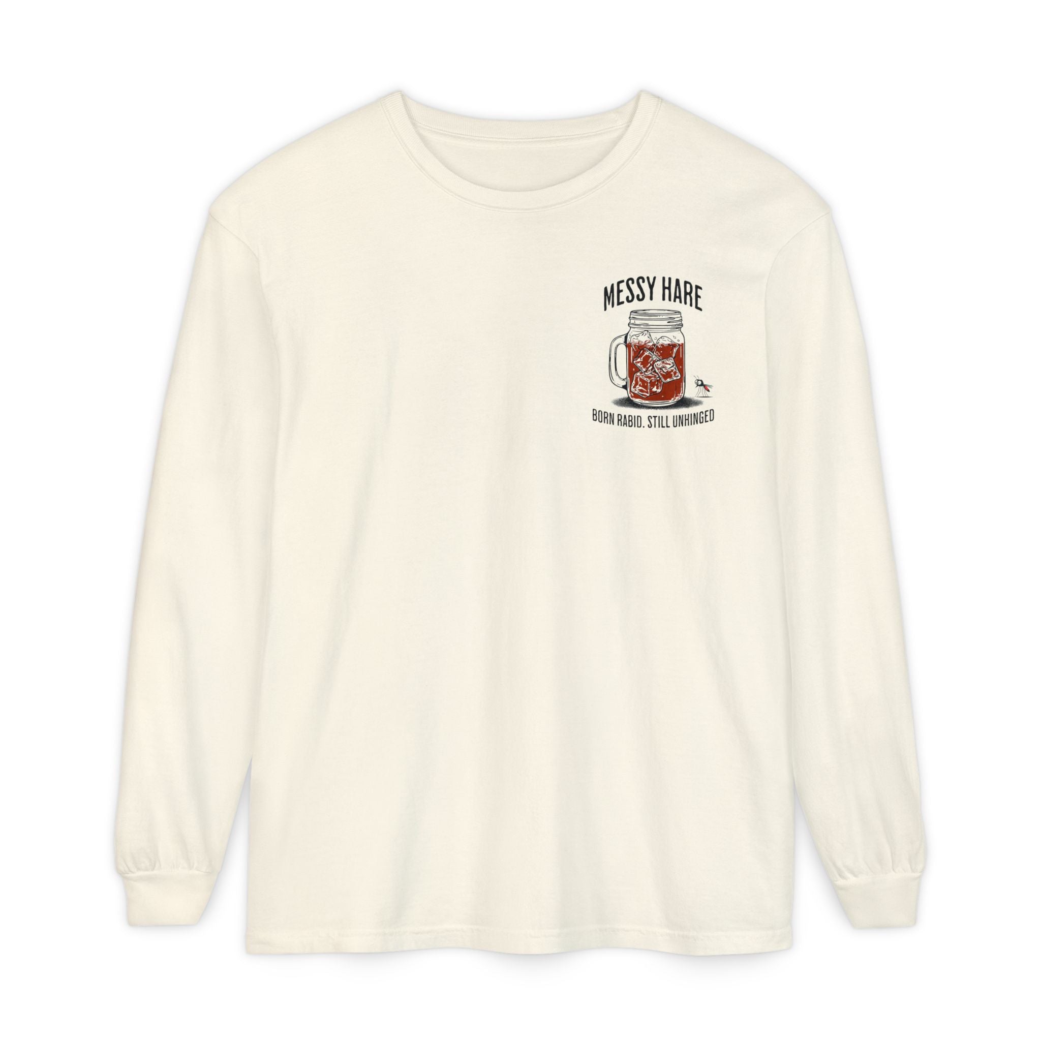 White sweatshirt with a graphic design on the chest against a white background