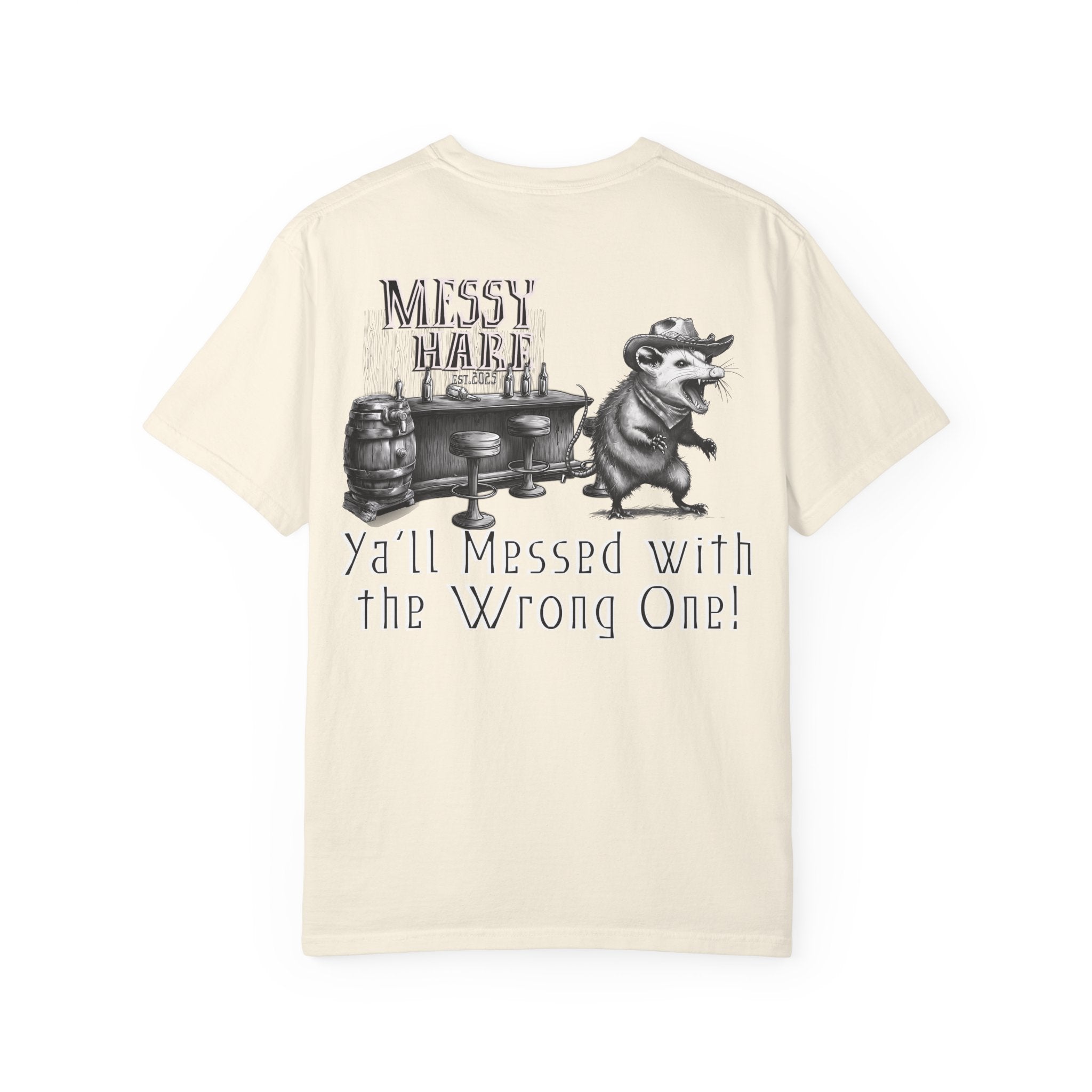 Beige t-shirt with graphic design and text on a white background