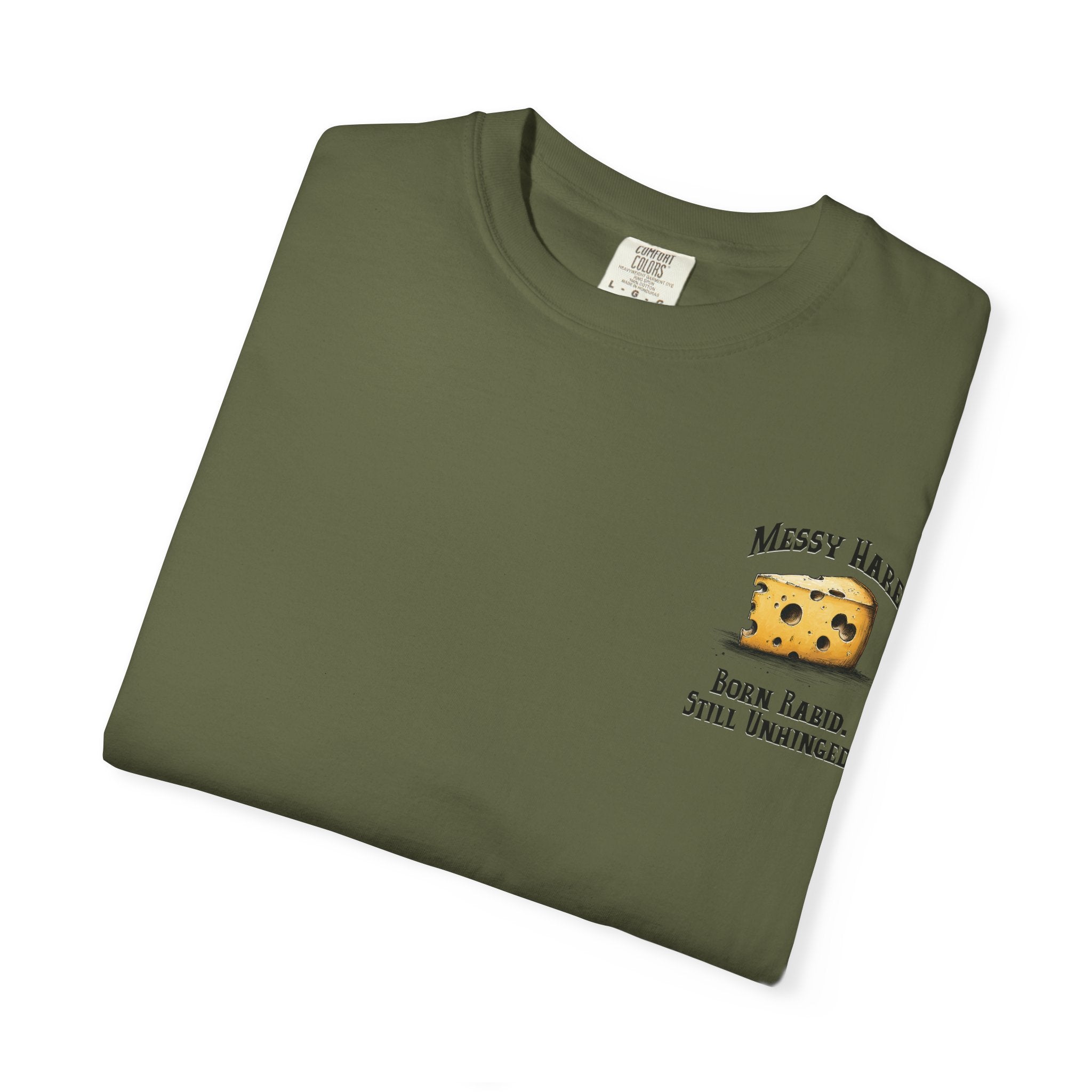 Folded green t-shirt with a cheese graphic and text on a white background