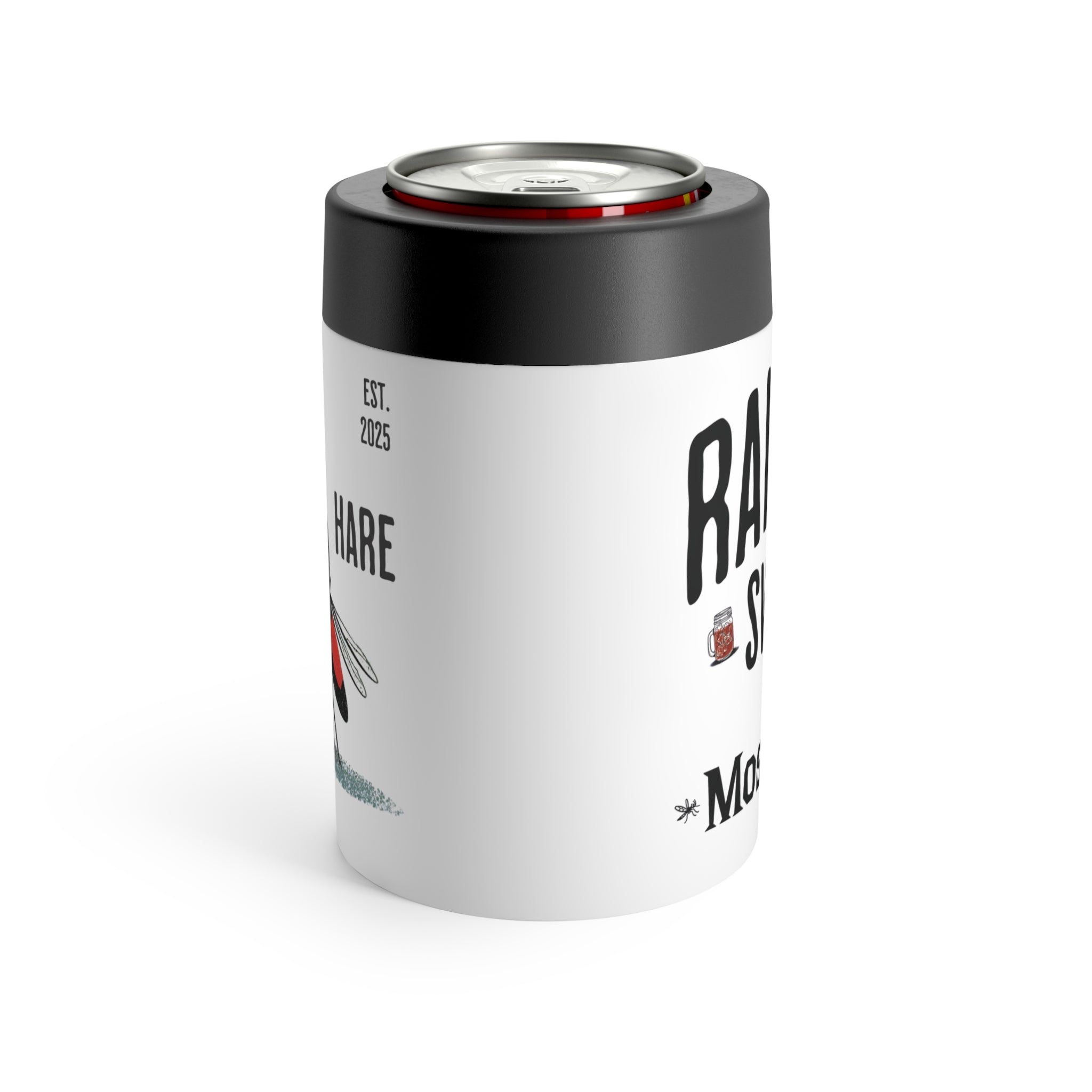 White can cooler with black lid featuring text and graphics on a white background