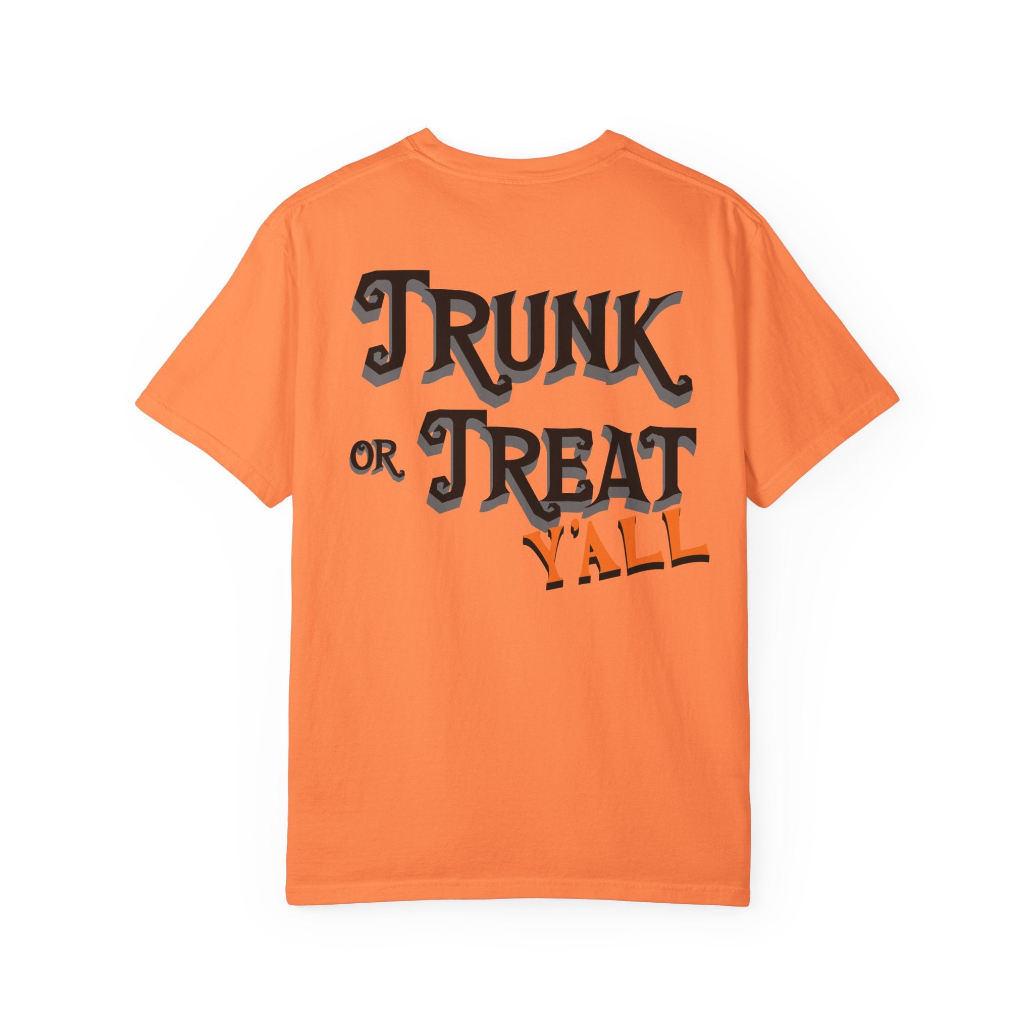Orange t-shirt with 'Trunk or Treat Y'all' text on a white background