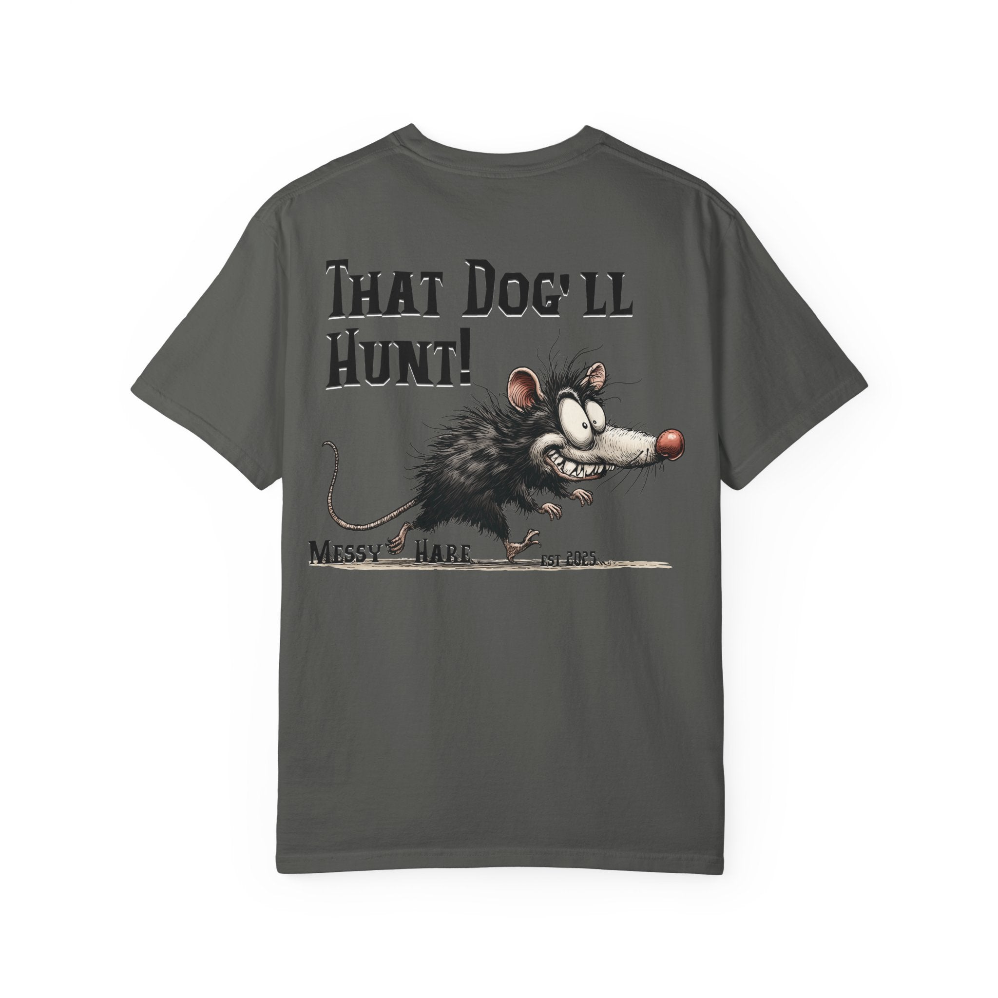 Gray t-shirt with a cartoon opossum and text on a white background