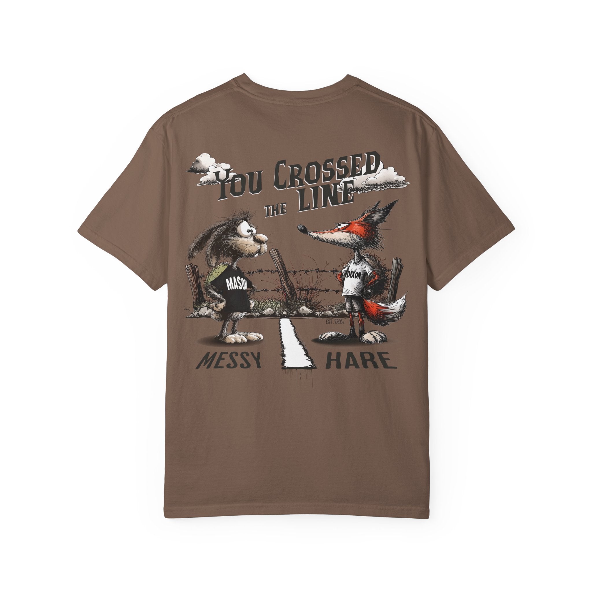 Brown t-shirt with cartoon characters and text on a white background