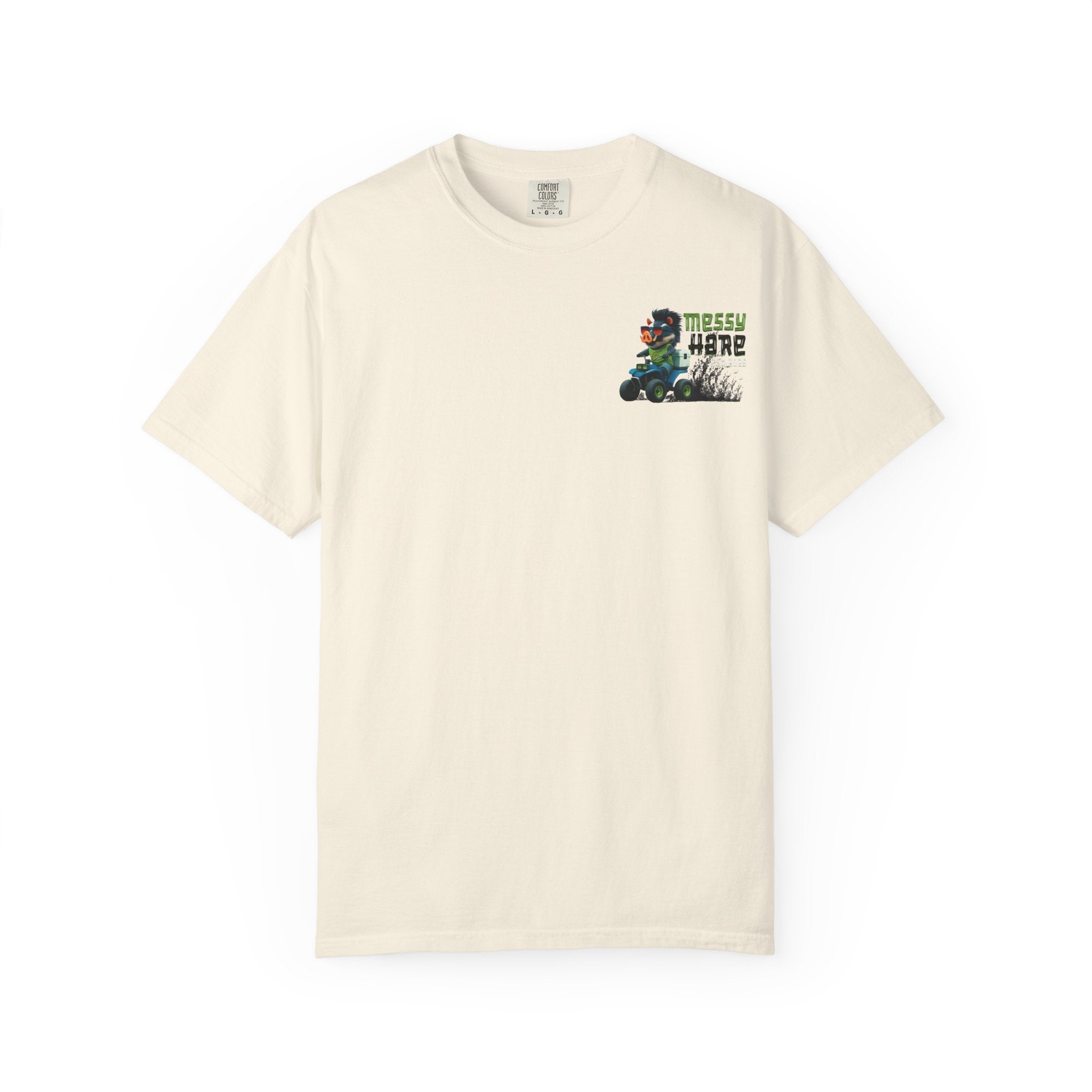 Beige t-shirt with a graphic design on a white background