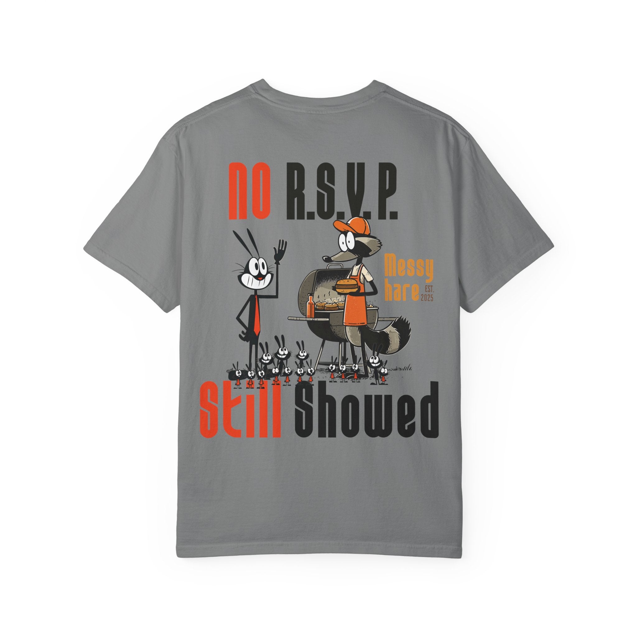 Gray t-shirt with cartoon characters and text on a white background