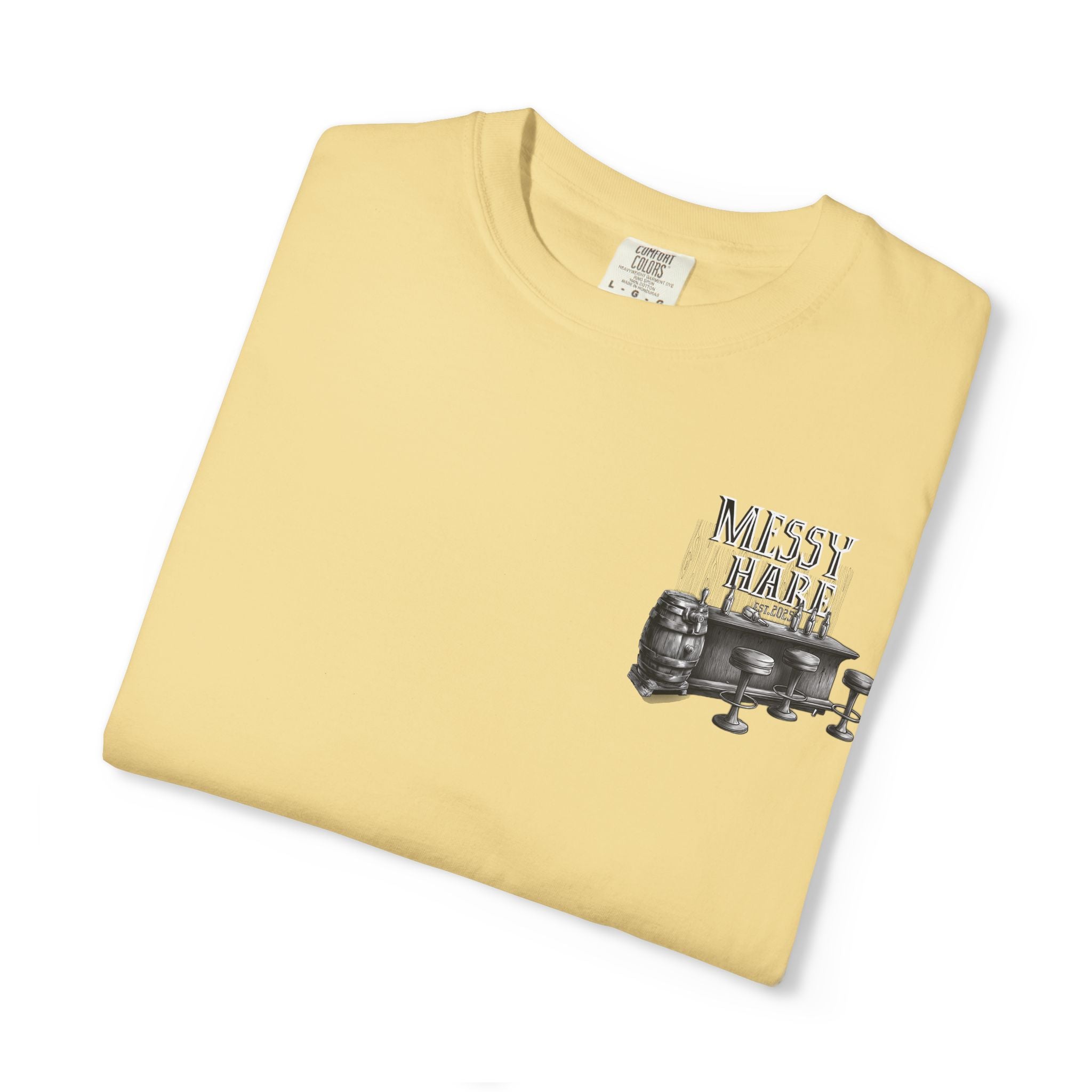 Yellow t-shirt with a graphic design and text on a white background