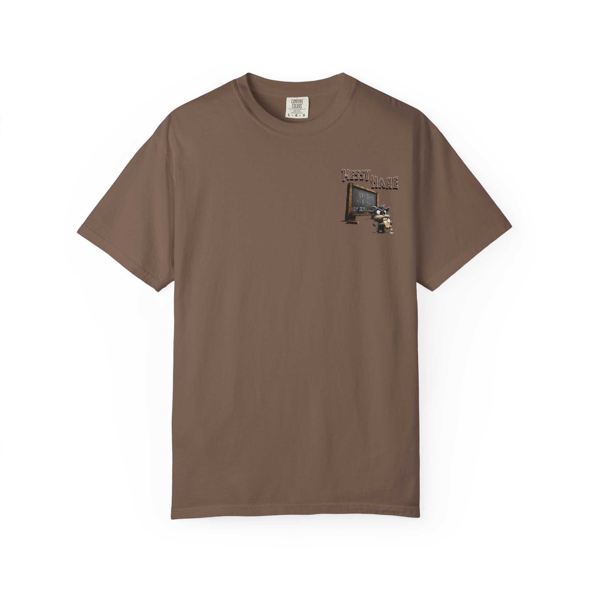 Brown t-shirt with a graphic design on a white background