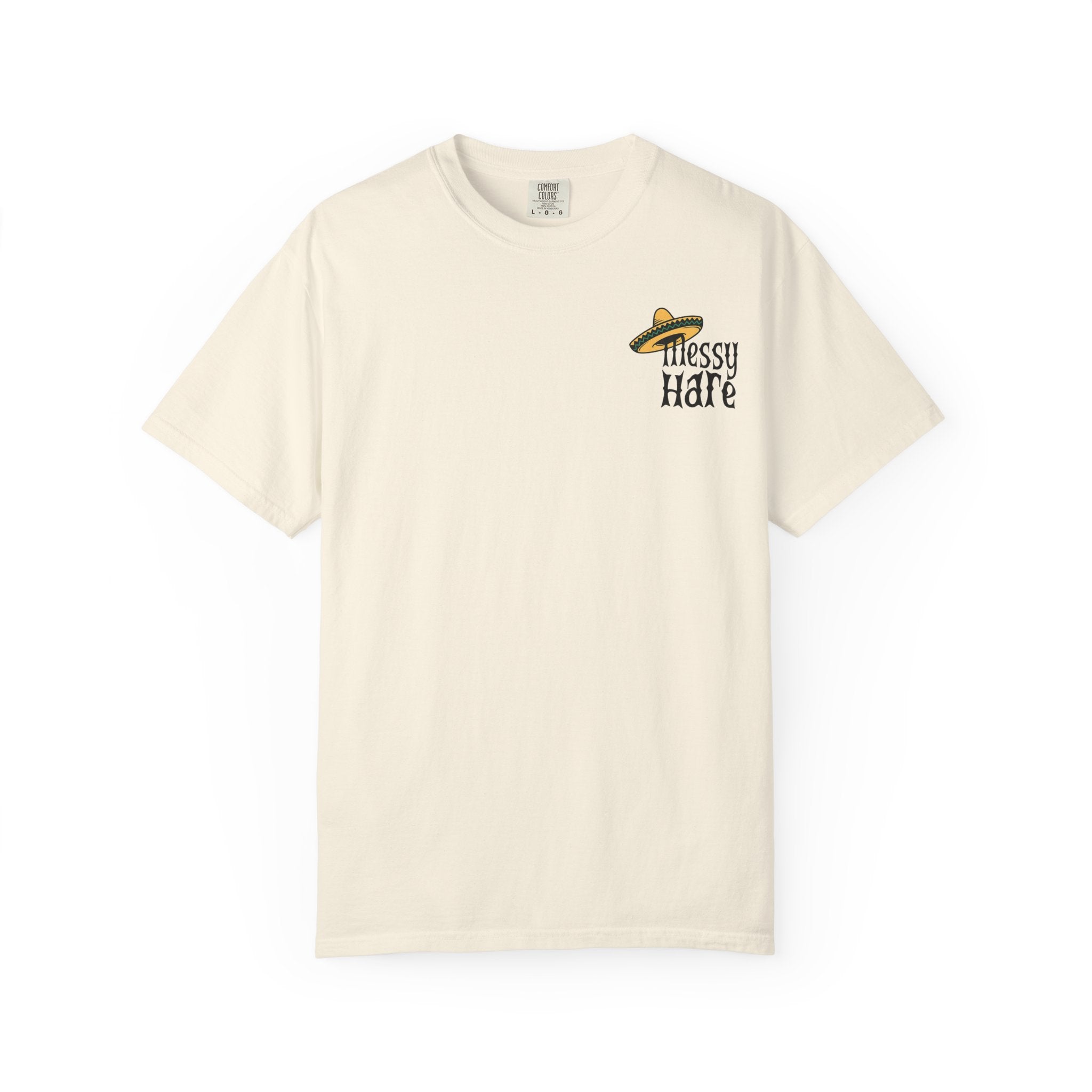 Beige t-shirt with 'Messy Hare' logo on a white background