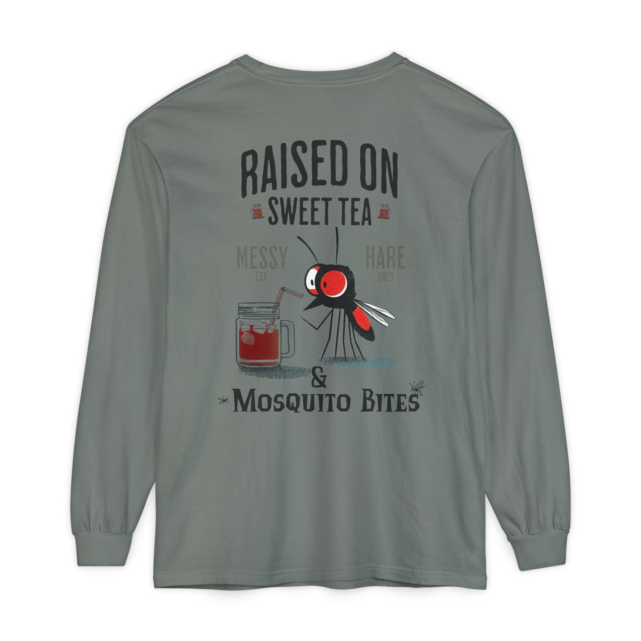 Gray long-sleeve shirt with graphic design and text on a white background