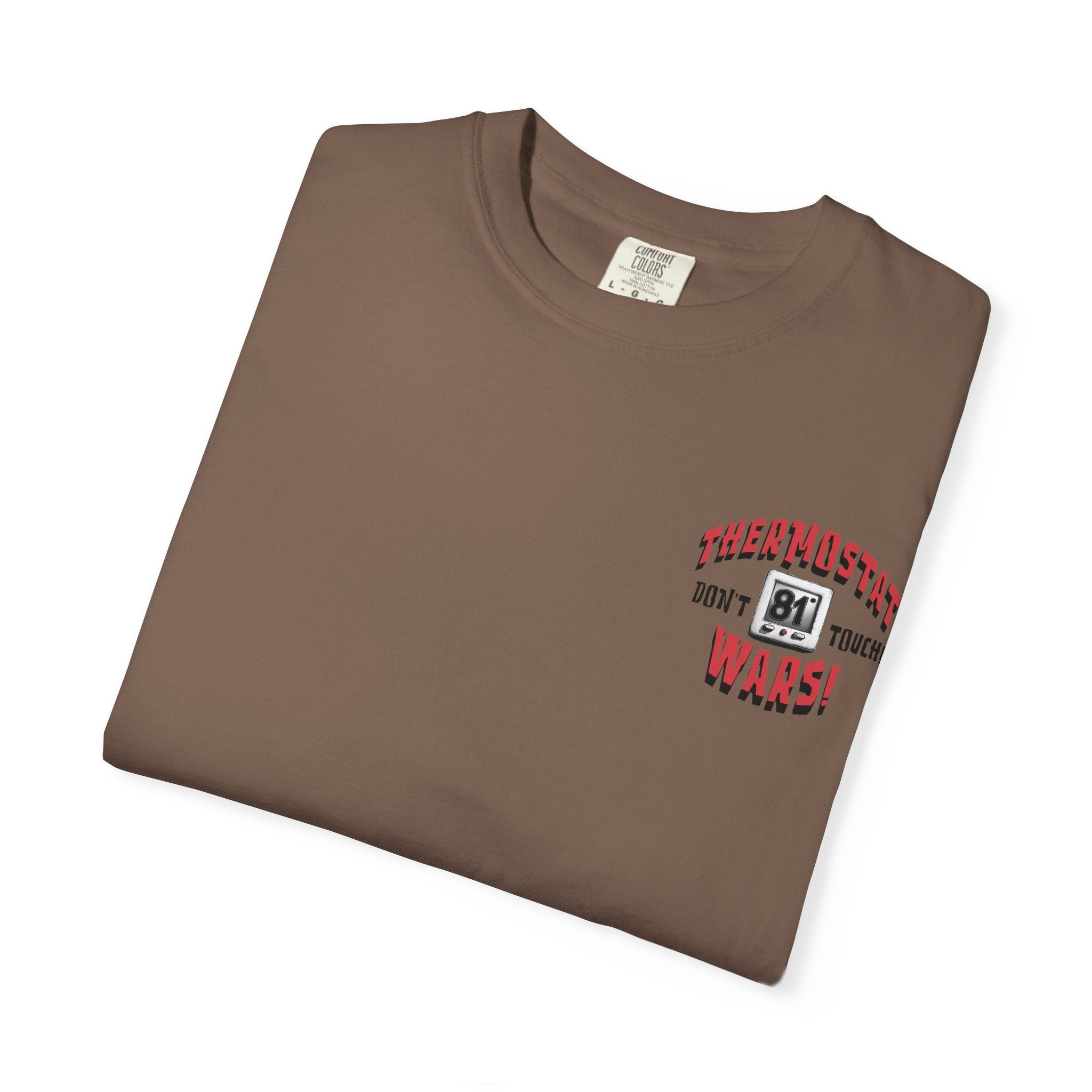 Folded brown t-shirt with text and graphic on a white background