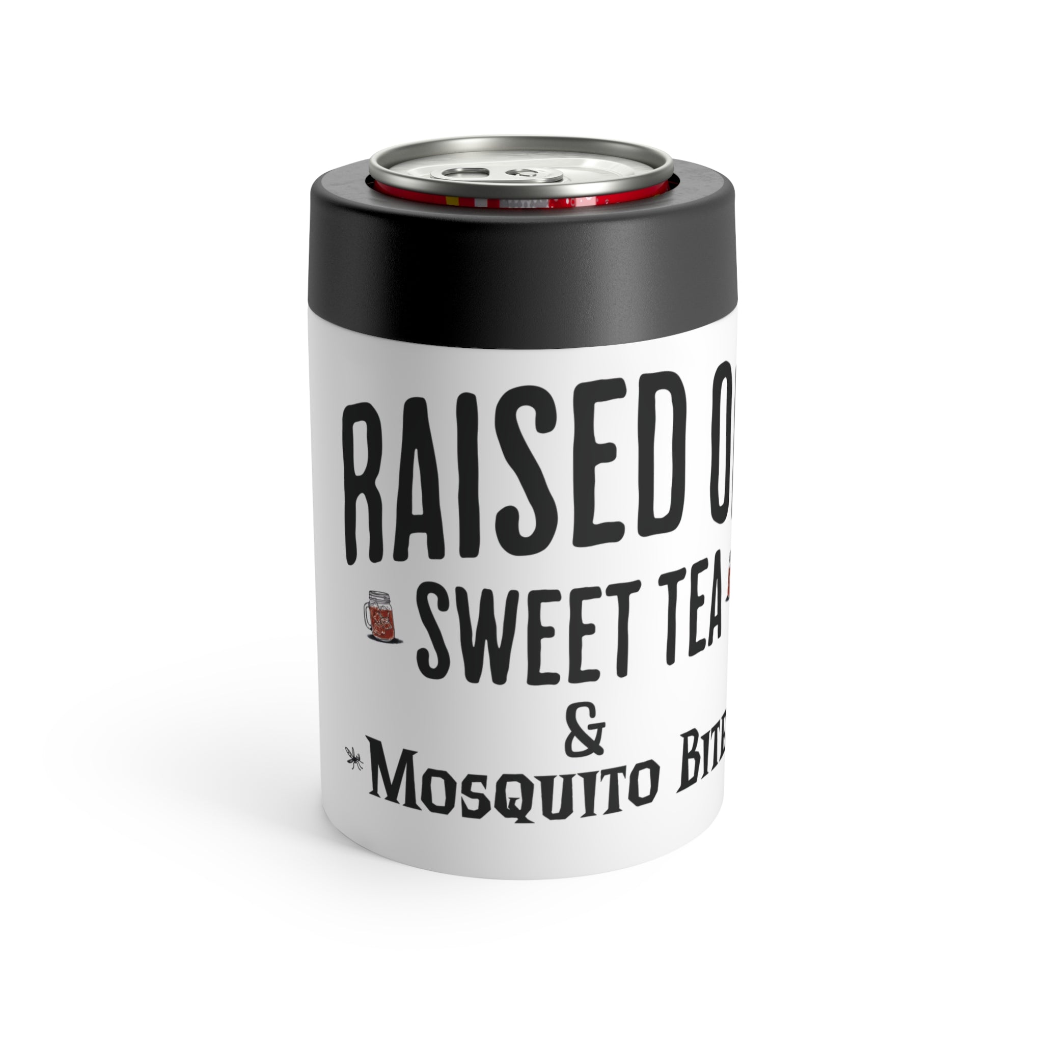 White can cooler with black text on a white background