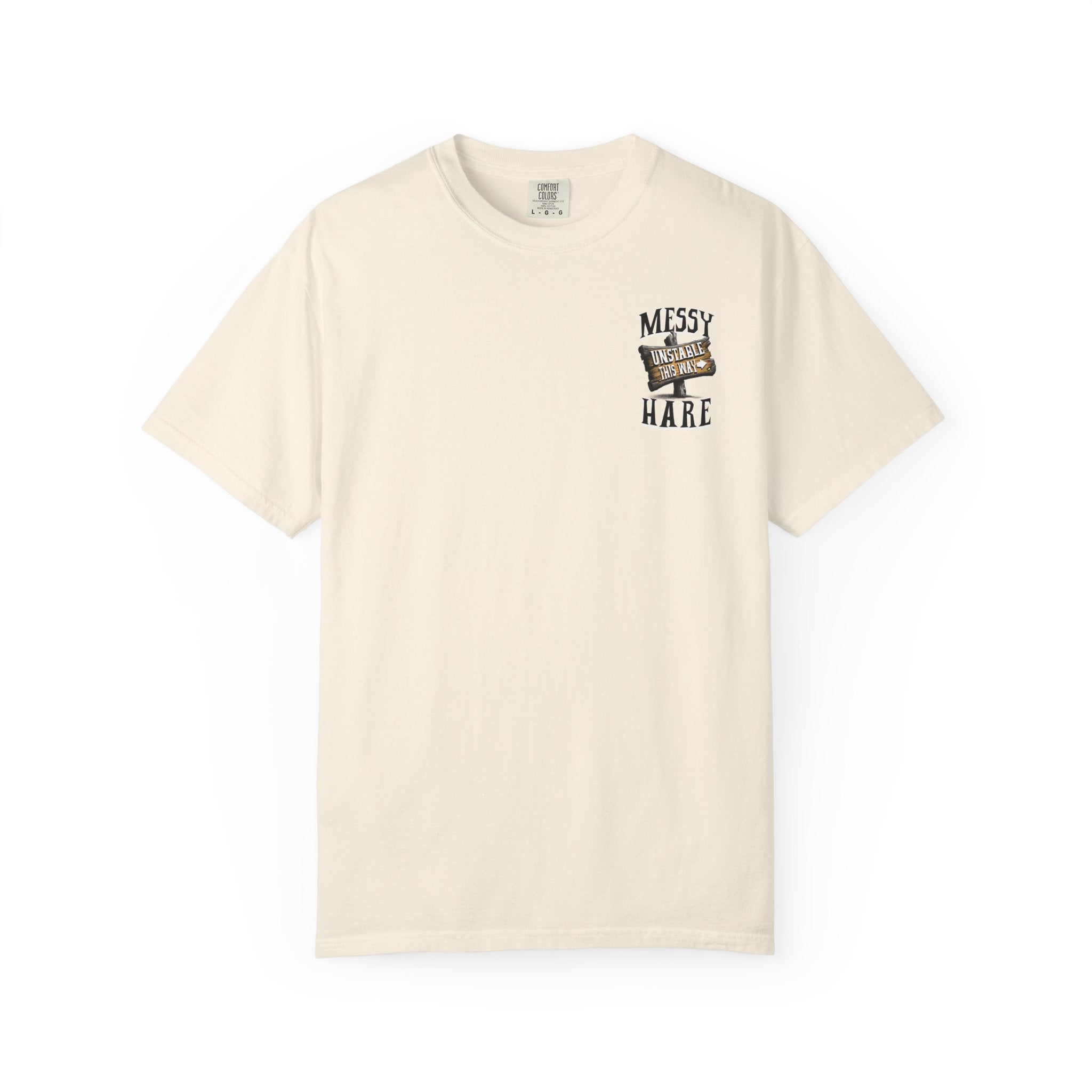 Beige t-shirt with a graphic design on the chest against a white background