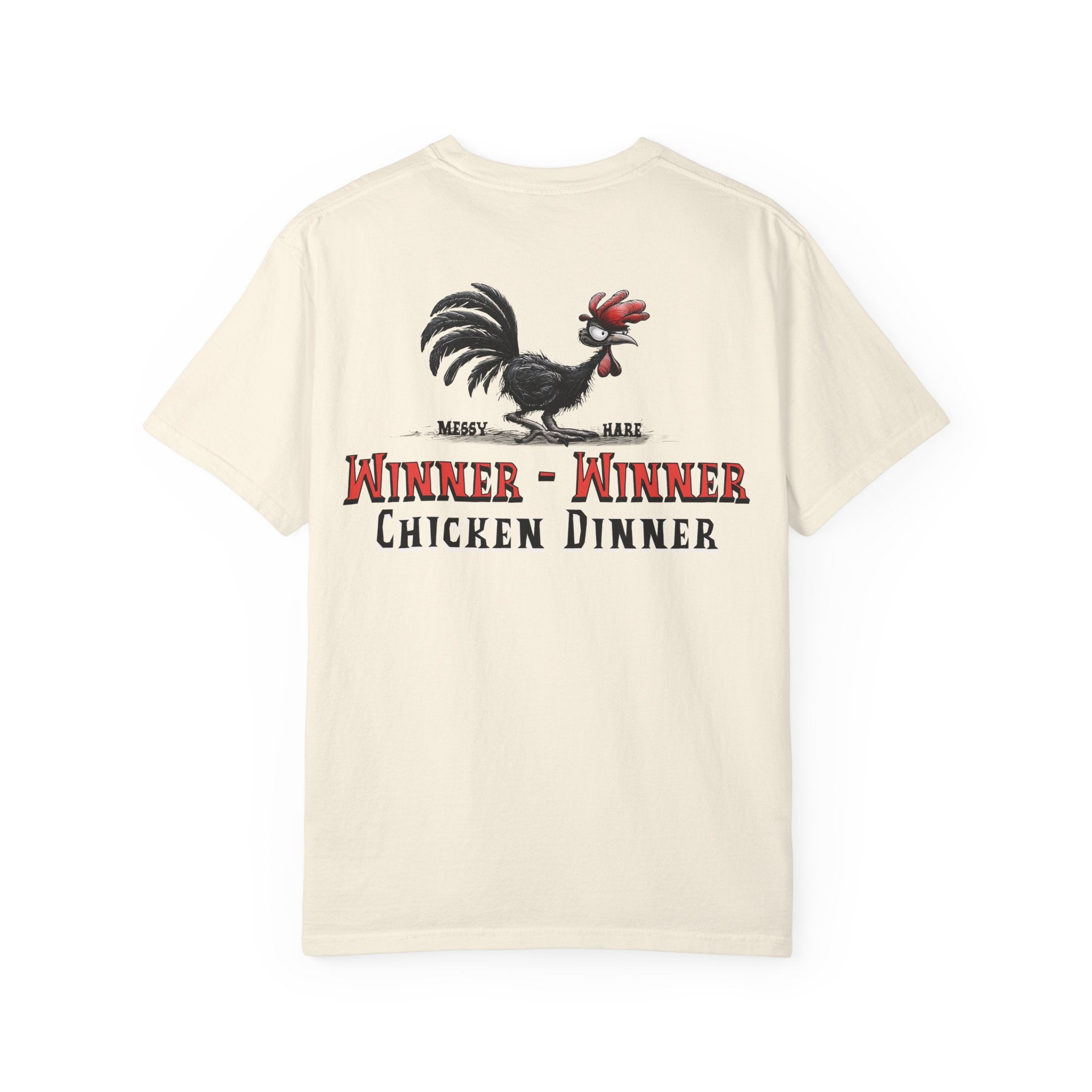 Beige t-shirt with rooster graphic and text on a white background