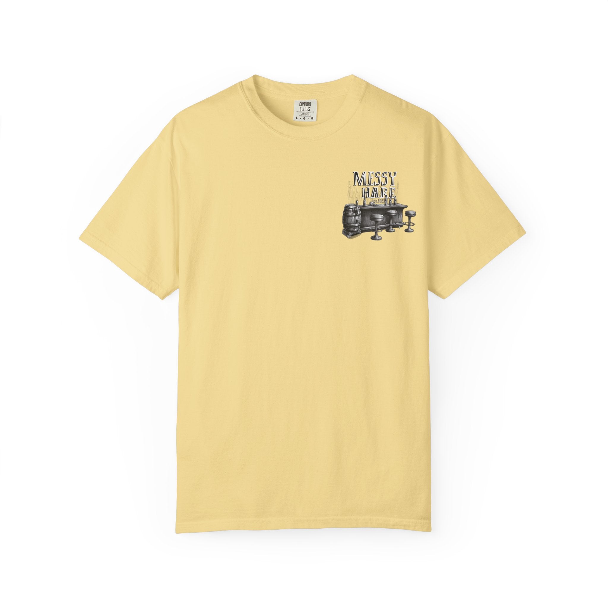 Yellow t-shirt with graphic design on a white background