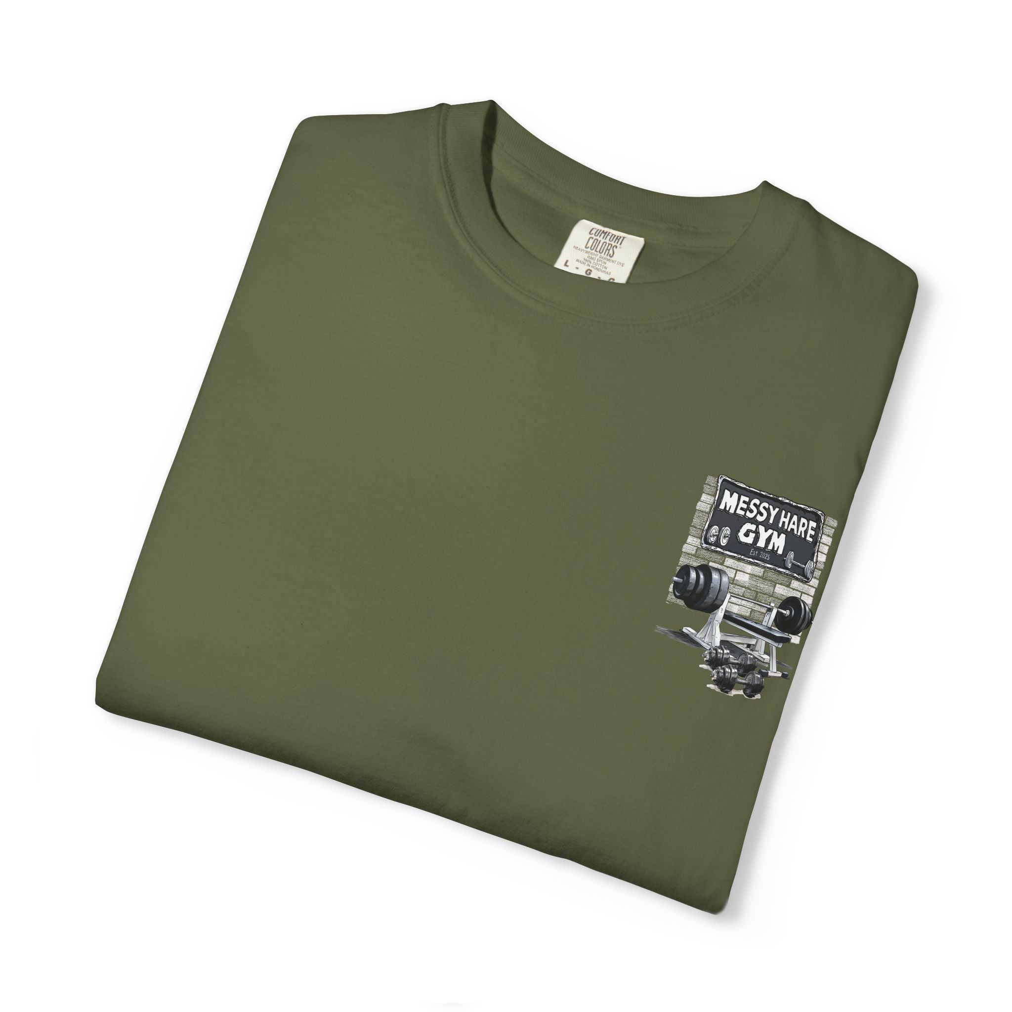 Folded green t-shirt with 'Messy Hare Gym' graphic on a white background