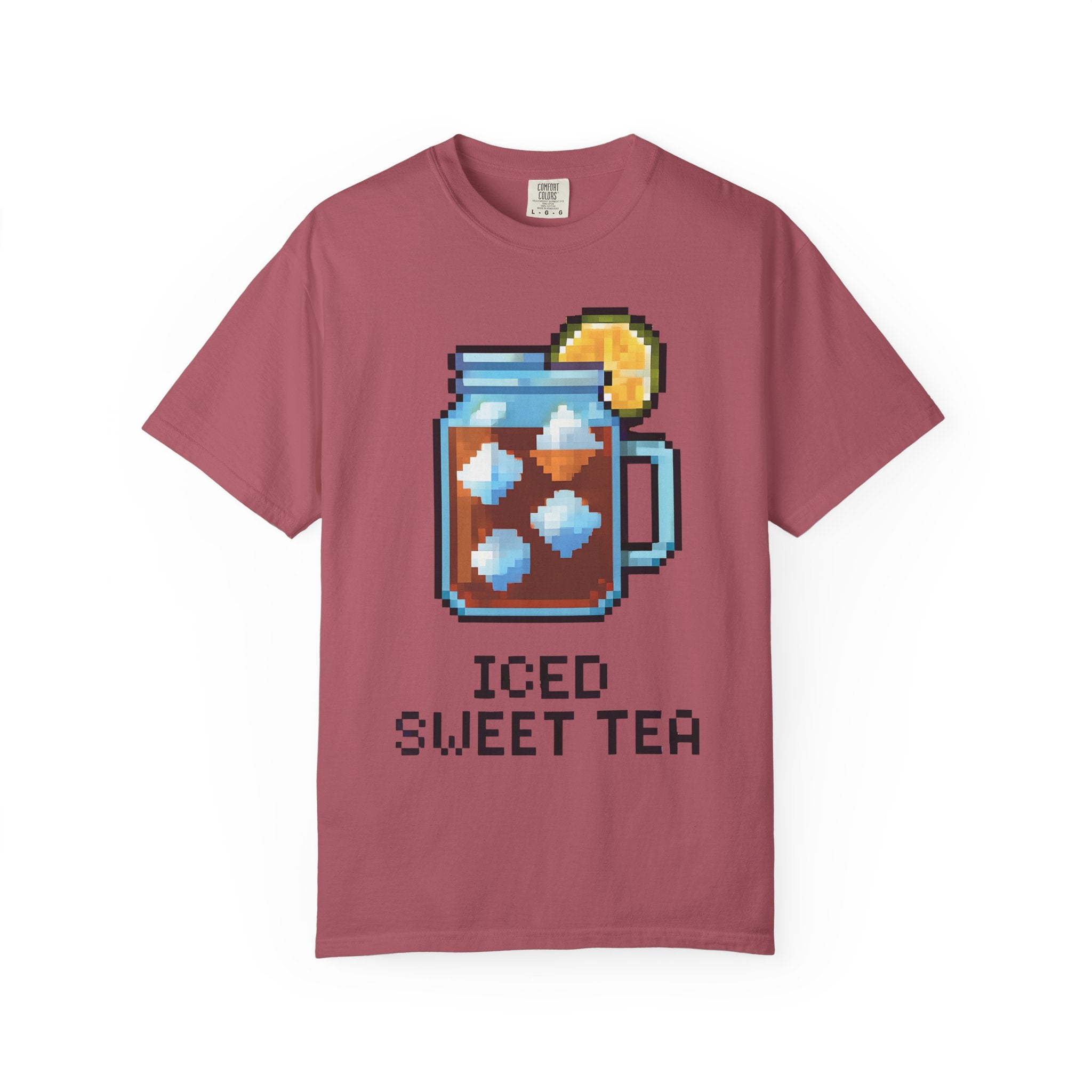 Maroon t-shirt with pixel art of iced tea and 'ICED SWEET TEA' text on a white background